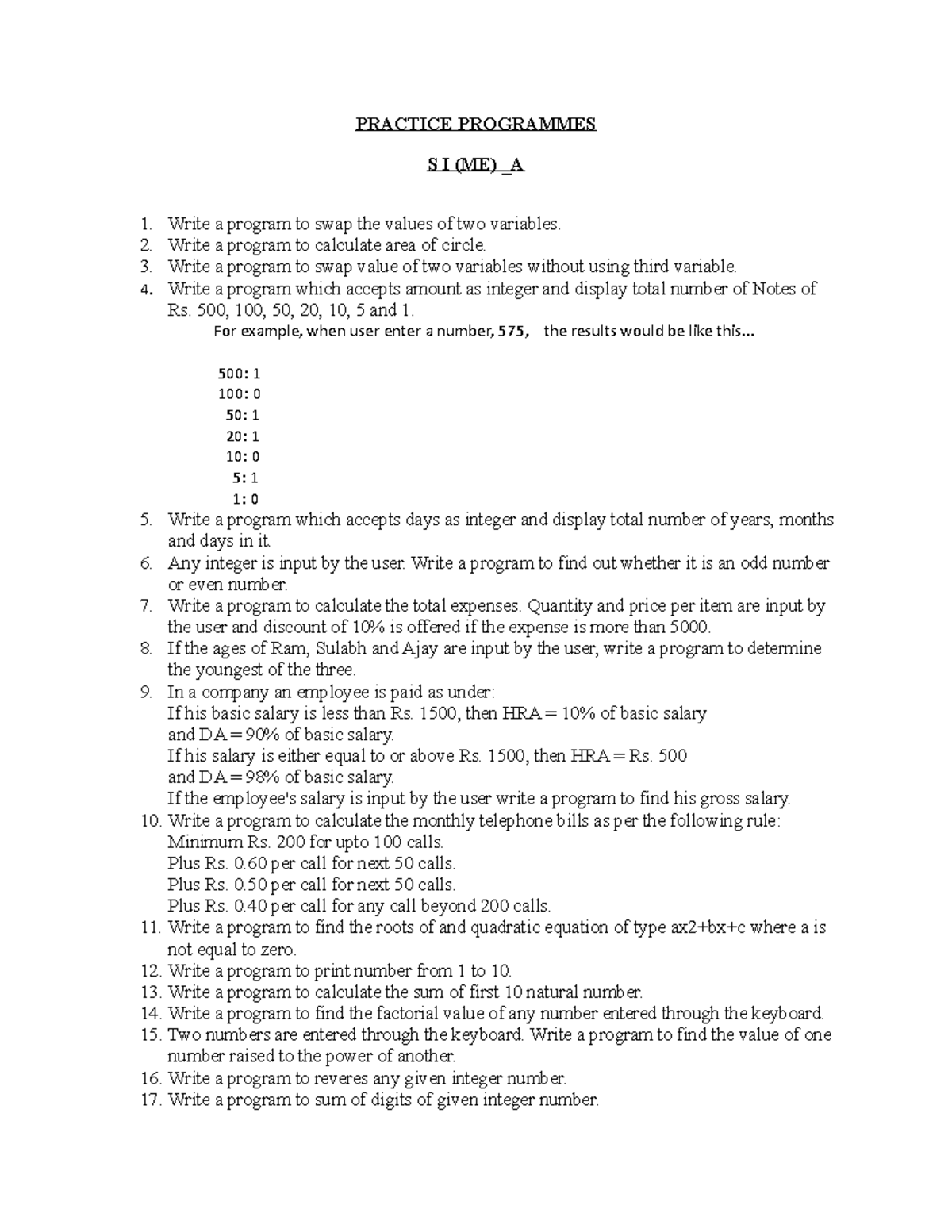 C++ Practice Questions Sec(A) - PRACTICE PROGRAMMES S I (ME) _A Write a ...
