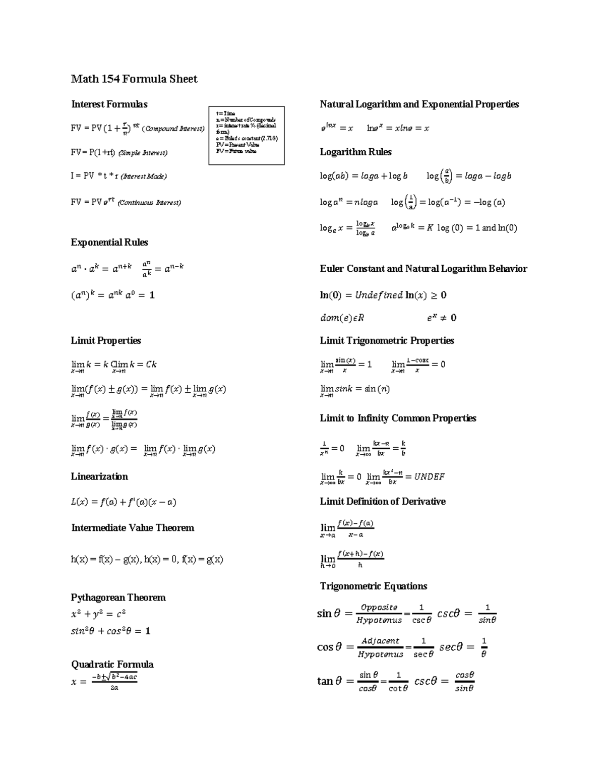 Math 154 Formula Sheet-converted 7 - Math 154 Formula Sheet Interest ...