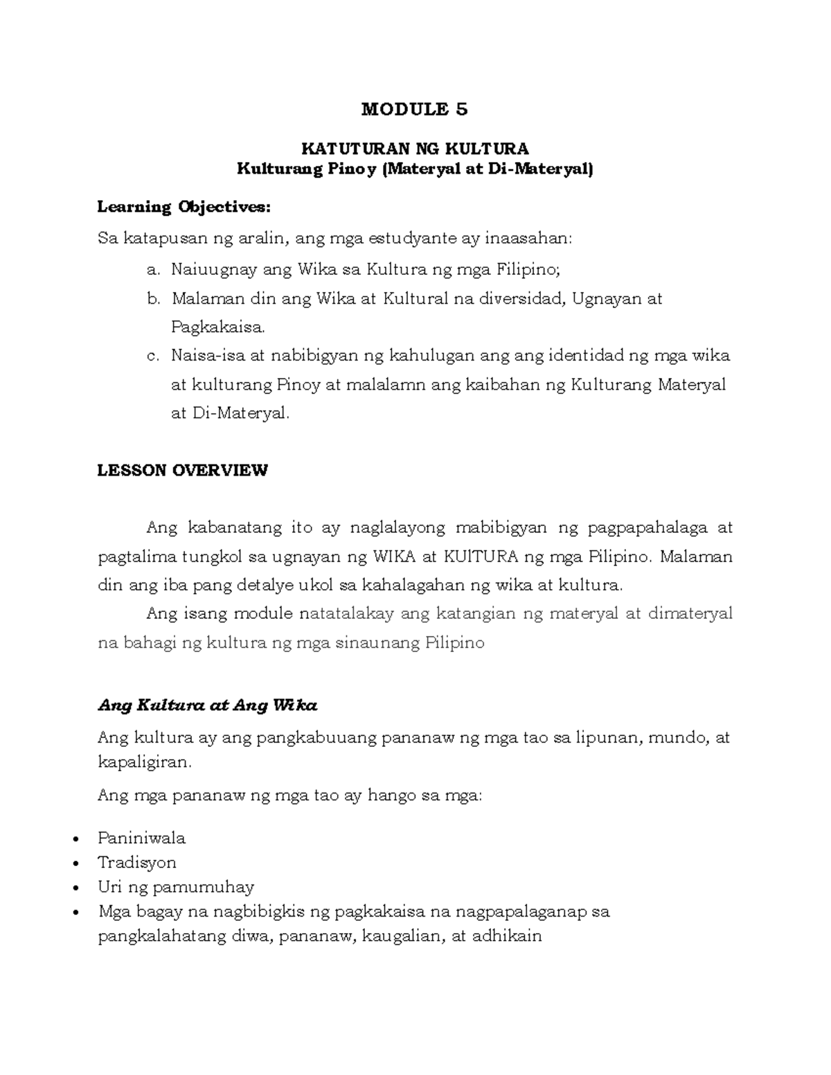 Module-5 - module 5 - MODULE 5 KATUTURAN NG KULTURA Kulturang Pinoy ...