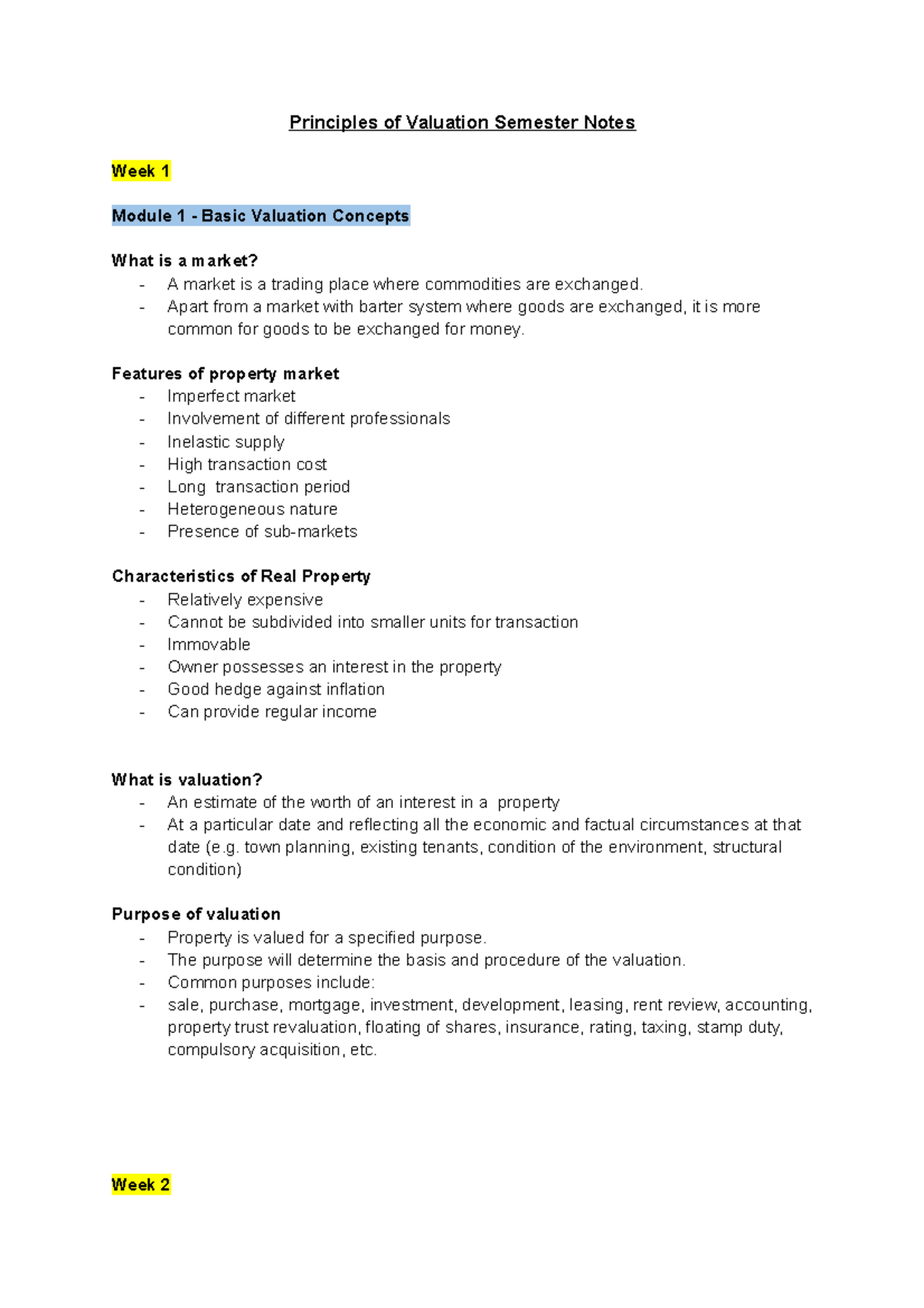 Principles of Valuation Semester Notes - Apart from a market with ...
