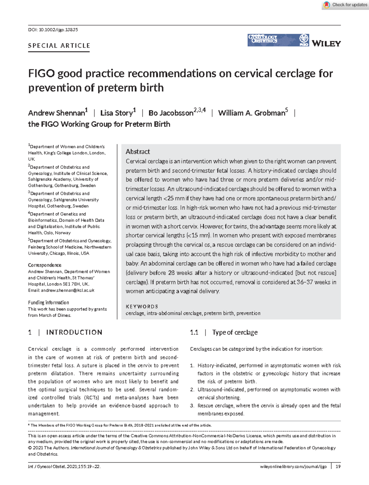 FIGO good practice recommendations on cervical cerclage for prevention ...