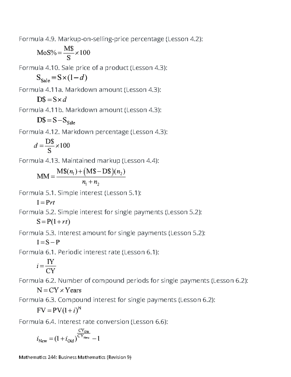 MATH 244 formulas 3 - Mathema cs 244: Business Mathema cs (Revision 9 ...