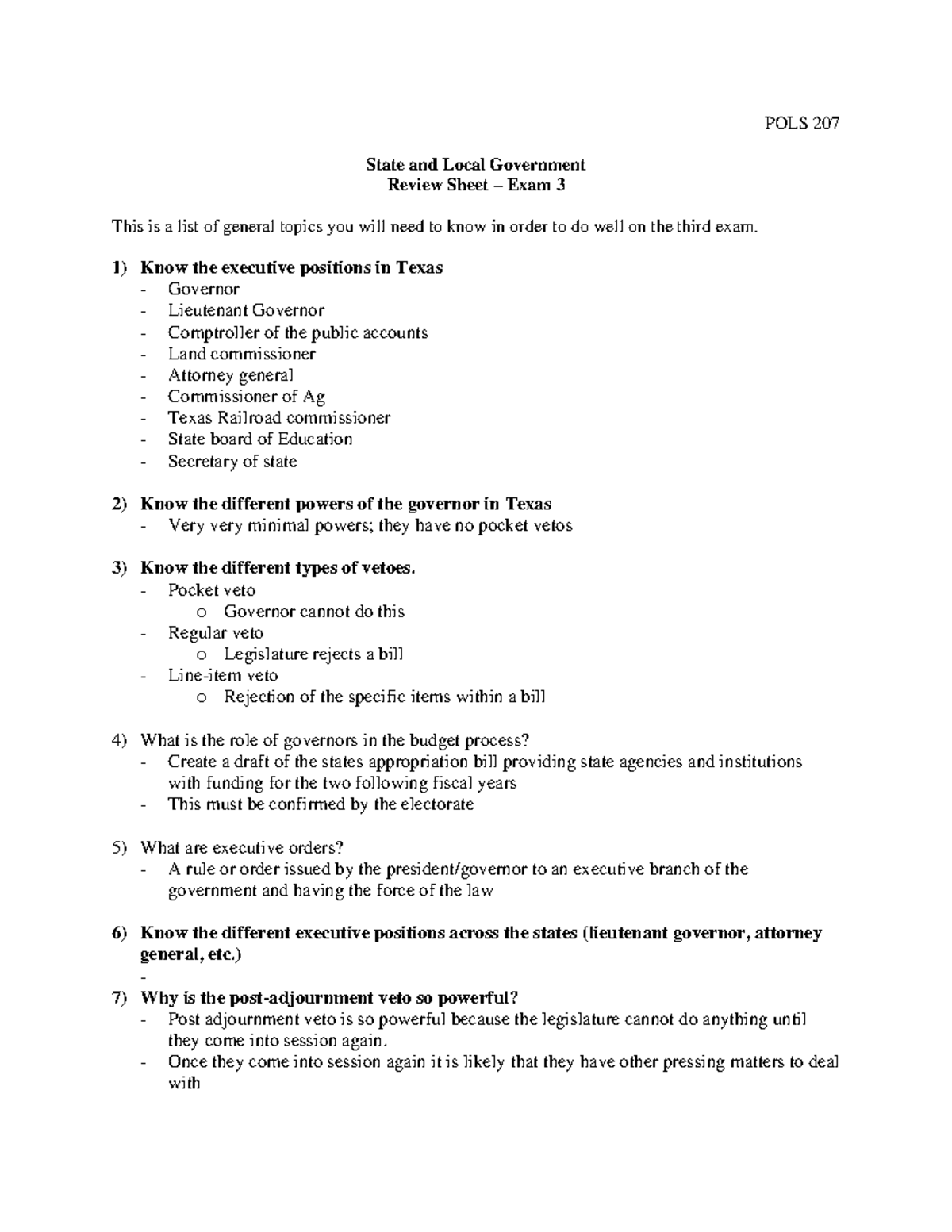 POLS207 Review Sheet 3 Spring 2024 POLS 207 State and Local Government Review Sheet Exam 3