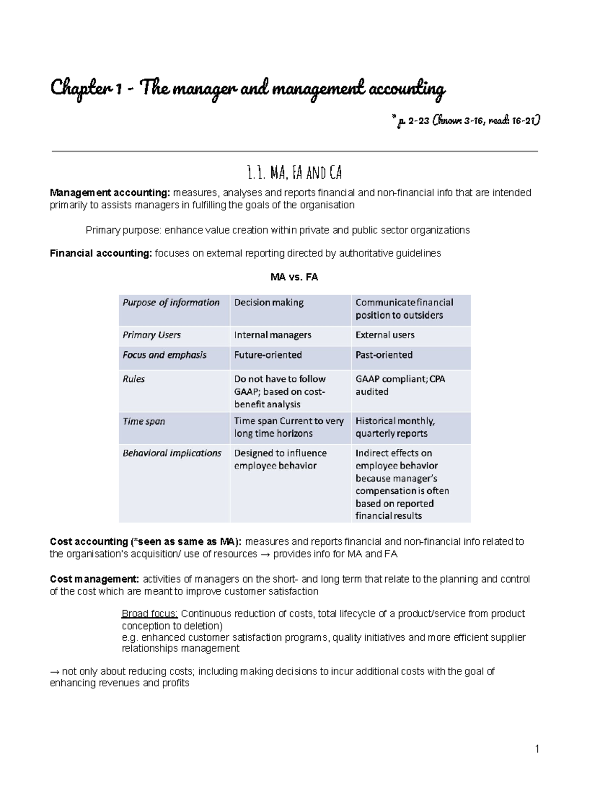 MA Week 1 - Ch. 1,2 Summary - Chapter 1 - The Manager And Management ...