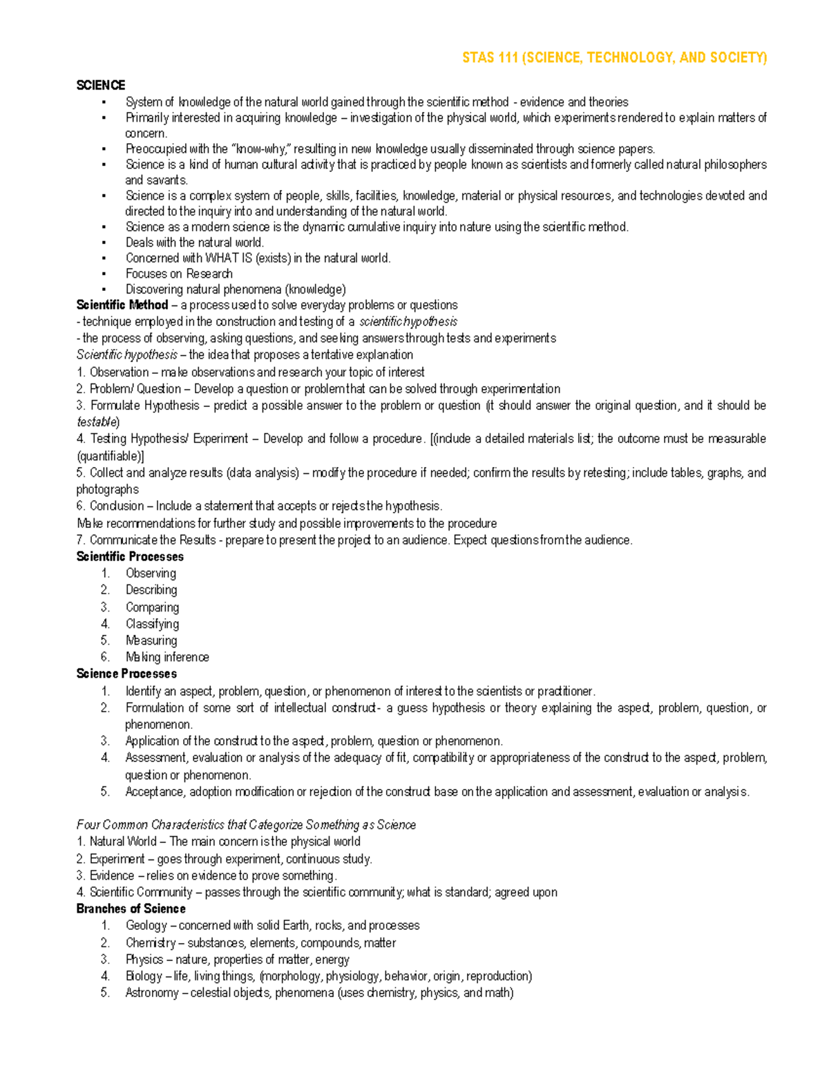 STAS 111 notes - reviewer - SCIENCE System of knowledge of the natural ...