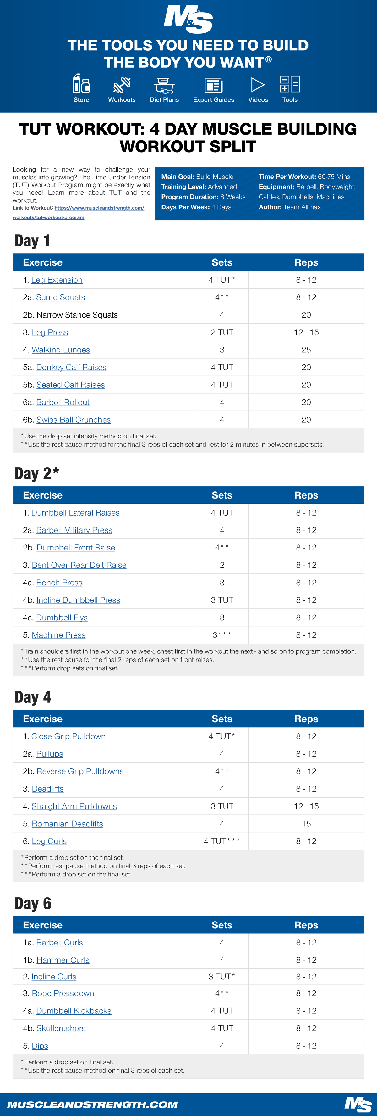 Tutworkout 4daymuscle Day 1 Exercise Sets Reps Leg Extension 4 TUT* 8