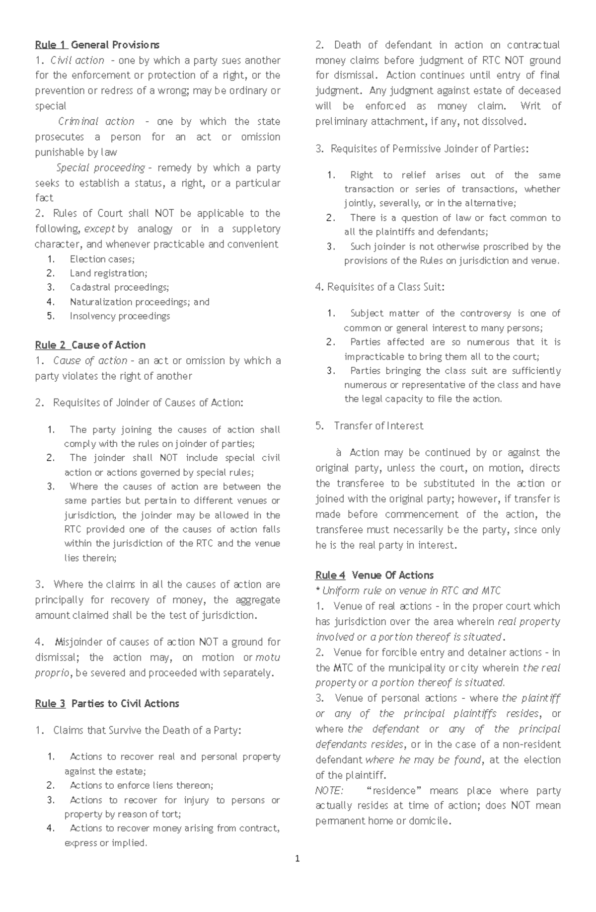 Civ Pro Reviewer - Civil Procedure Notes - Rule 1 General Provisions 1 ...