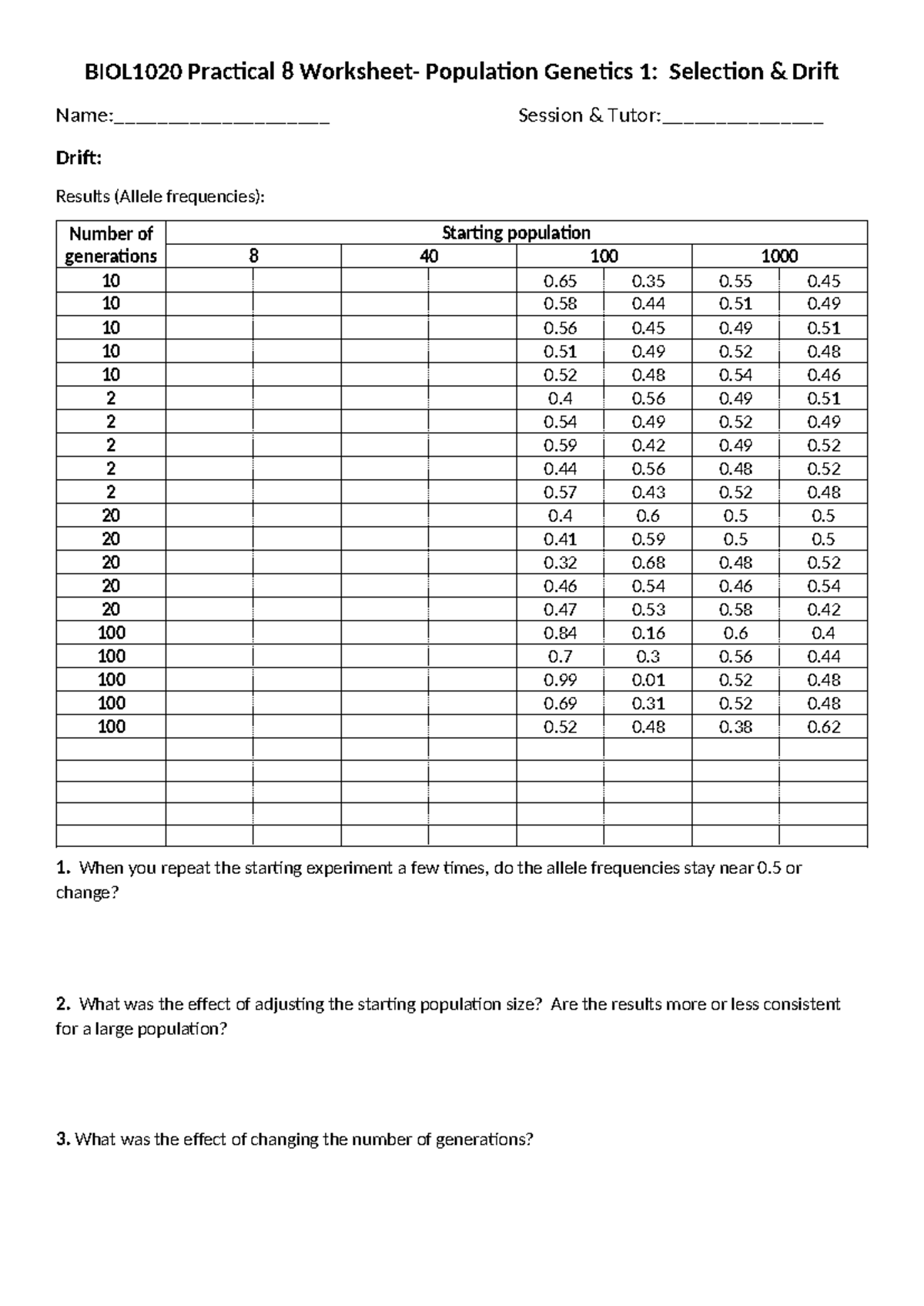 Practical 8 - Drift & Selection 1 Worksheet - BIOL1020 Practical 8 ...