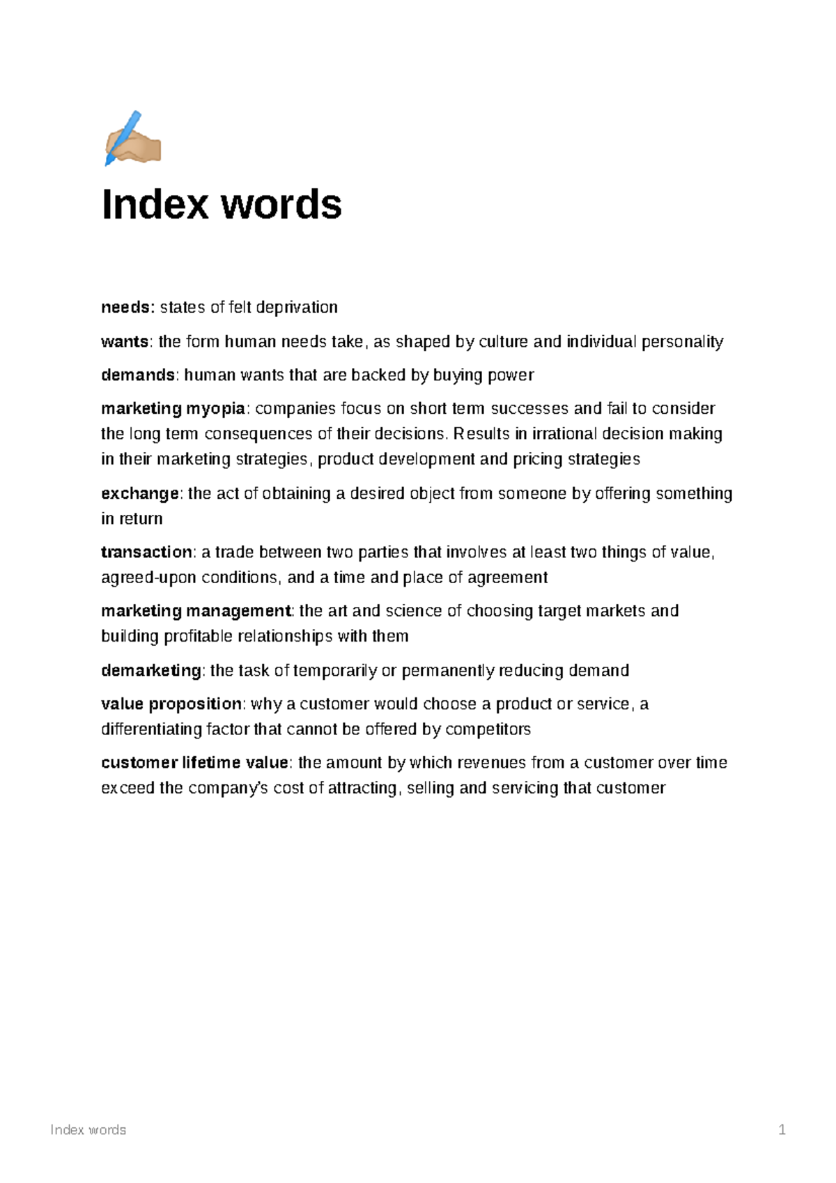 Vocab words Marketing Fundamentals Index words 1 Index words needs