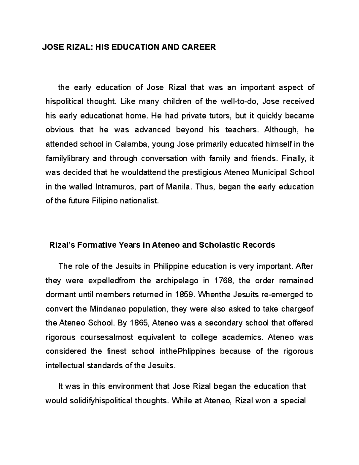 JOSE Rizal - NOTESS - JOSE RIZAL: HIS EDUCATION AND CAREER the early ...