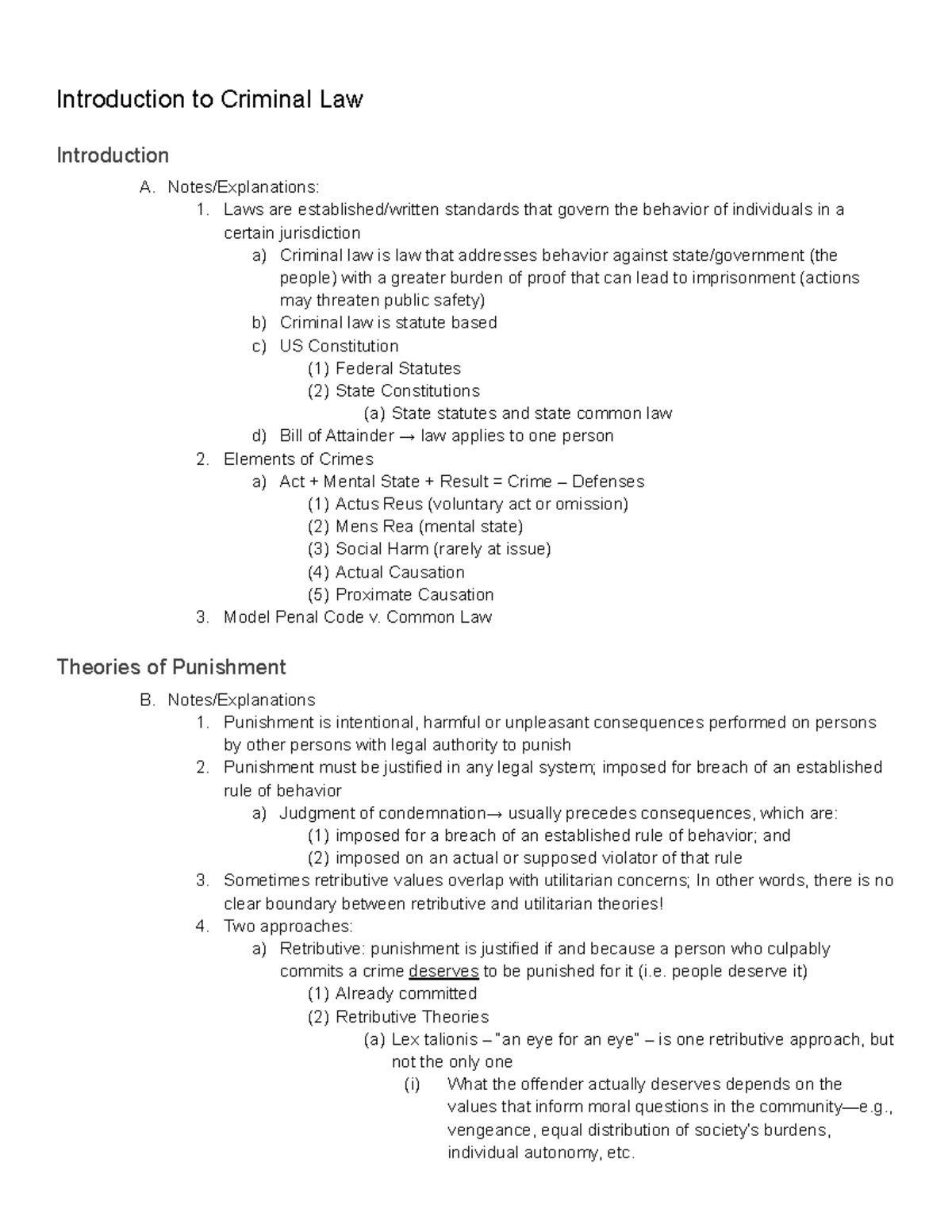 Criminal Law Outline - Introduction To Criminal Law Introduction A ...