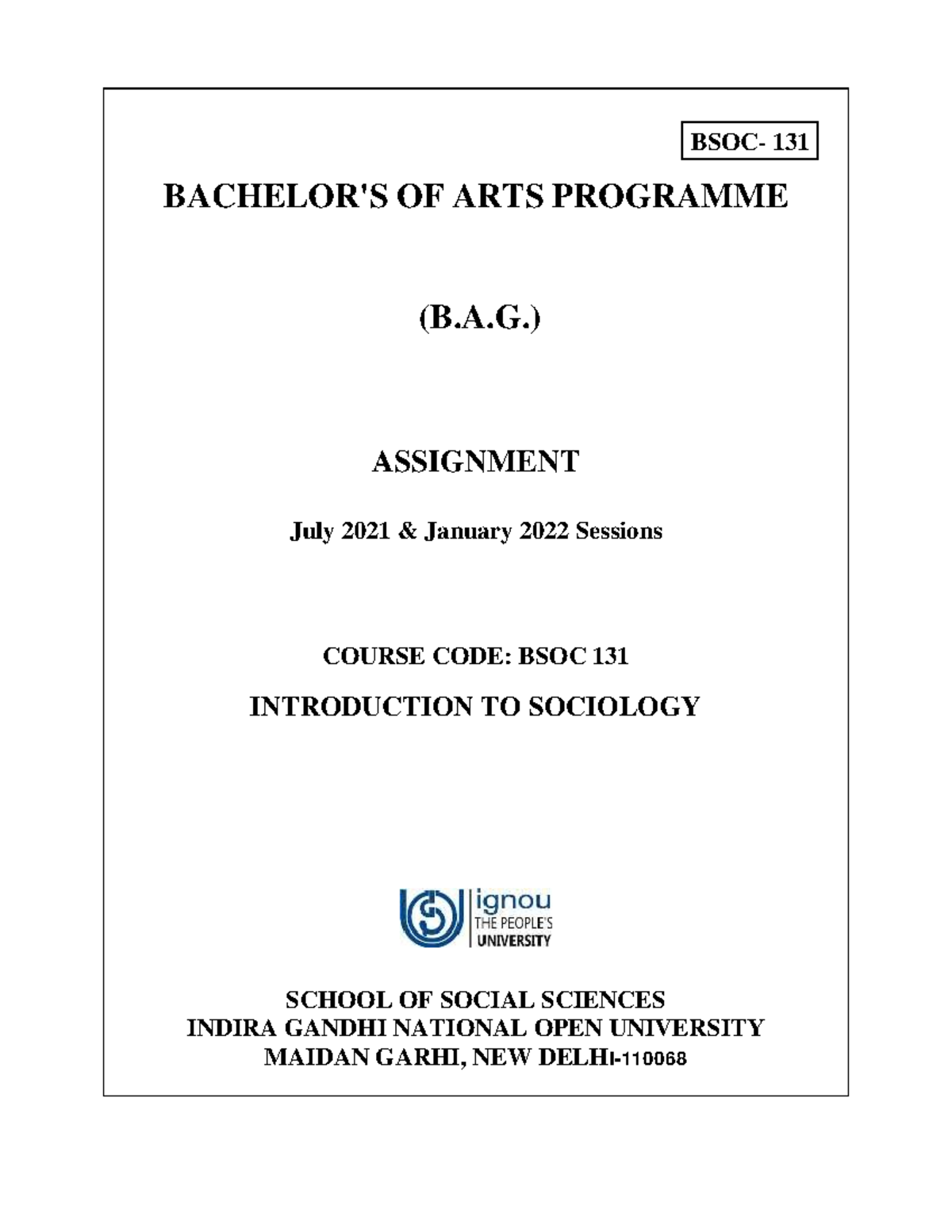 BSOC 131 - ASSIGNMENT - BSOC- 131 BACHELOR'S OF ARTS PROGRAMME (B.A ...