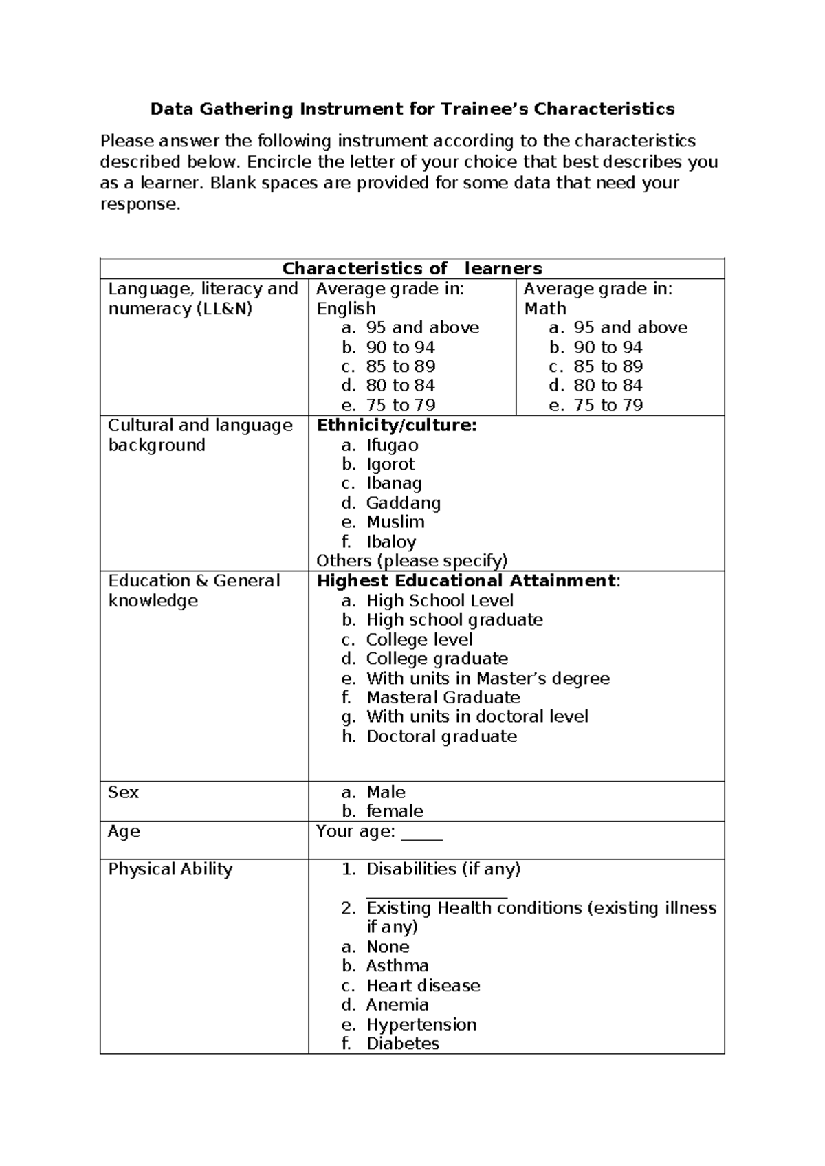 Data Gathering Instrument for Trainee - Encircle the letter of your ...