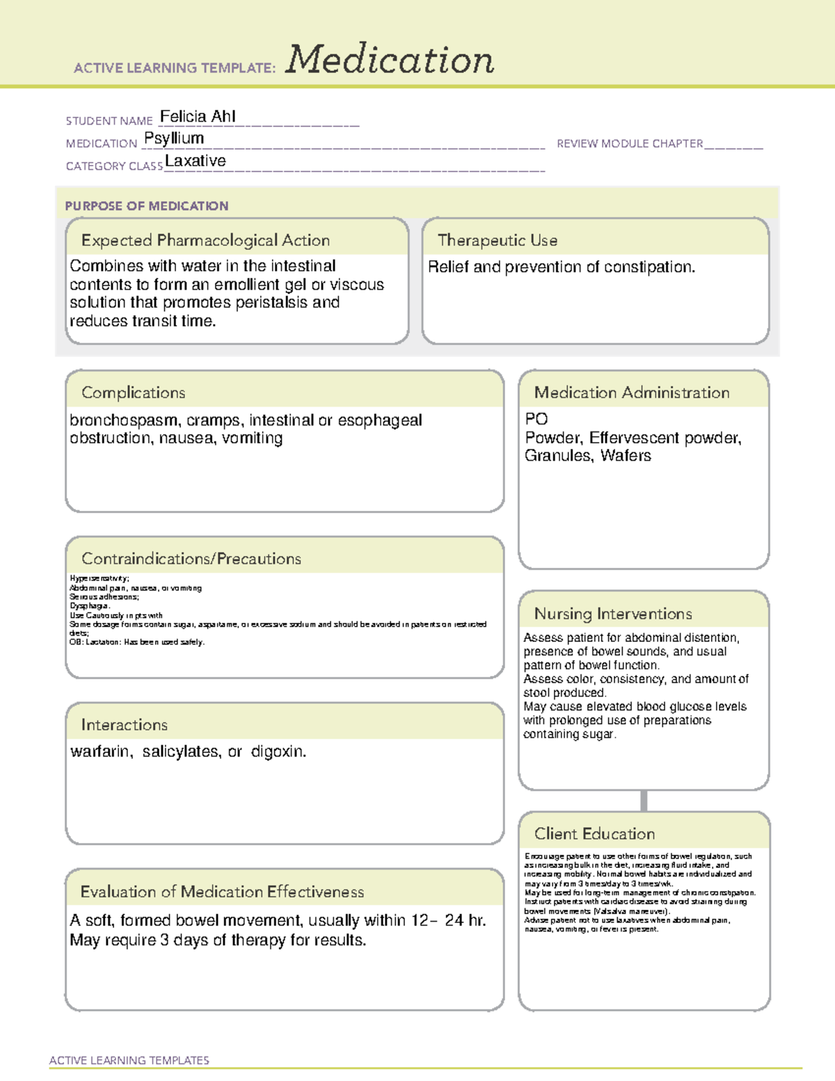 Psyllium drug cards ACTIVE LEARNING TEMPLATES Medication STUDENT