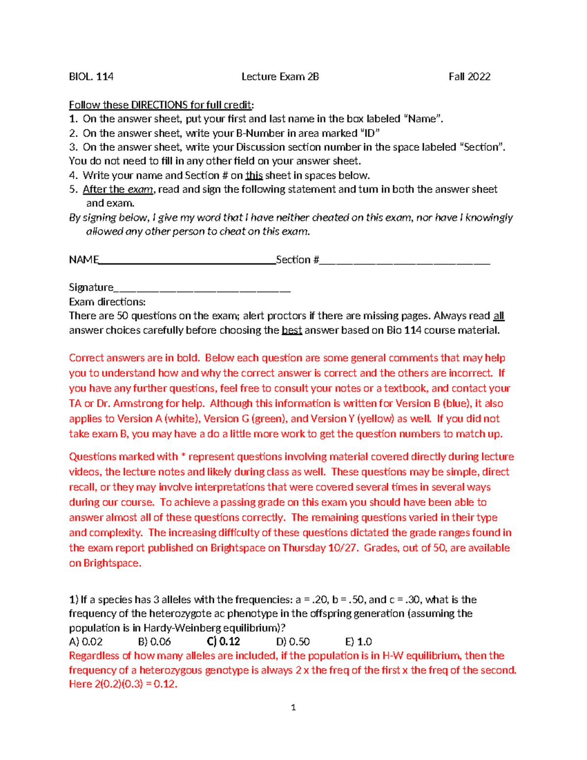 Exam 2B key - Practice Exam - BIOL. 114 Lecture Exam 2B Fall 2022 ...