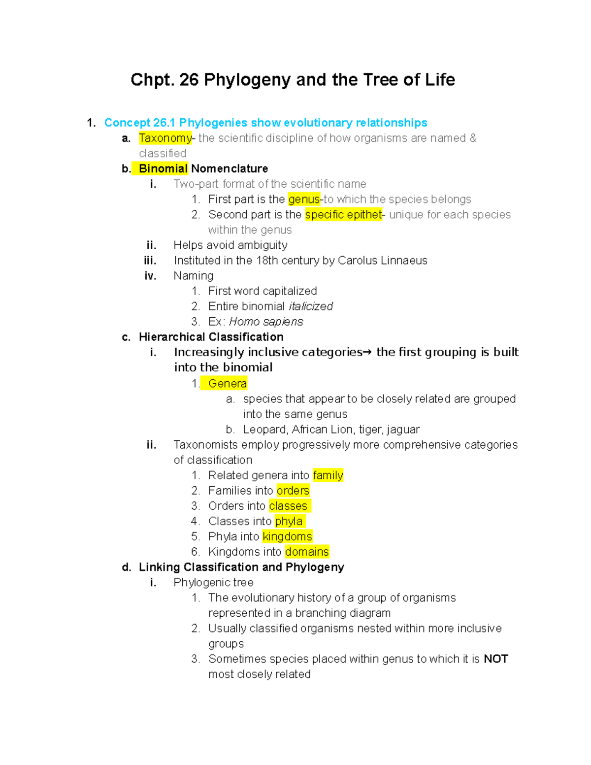 BIO 115 chpt. 26 notes - Chpt. 26 Phylogeny and the Tree of Life 1 ...