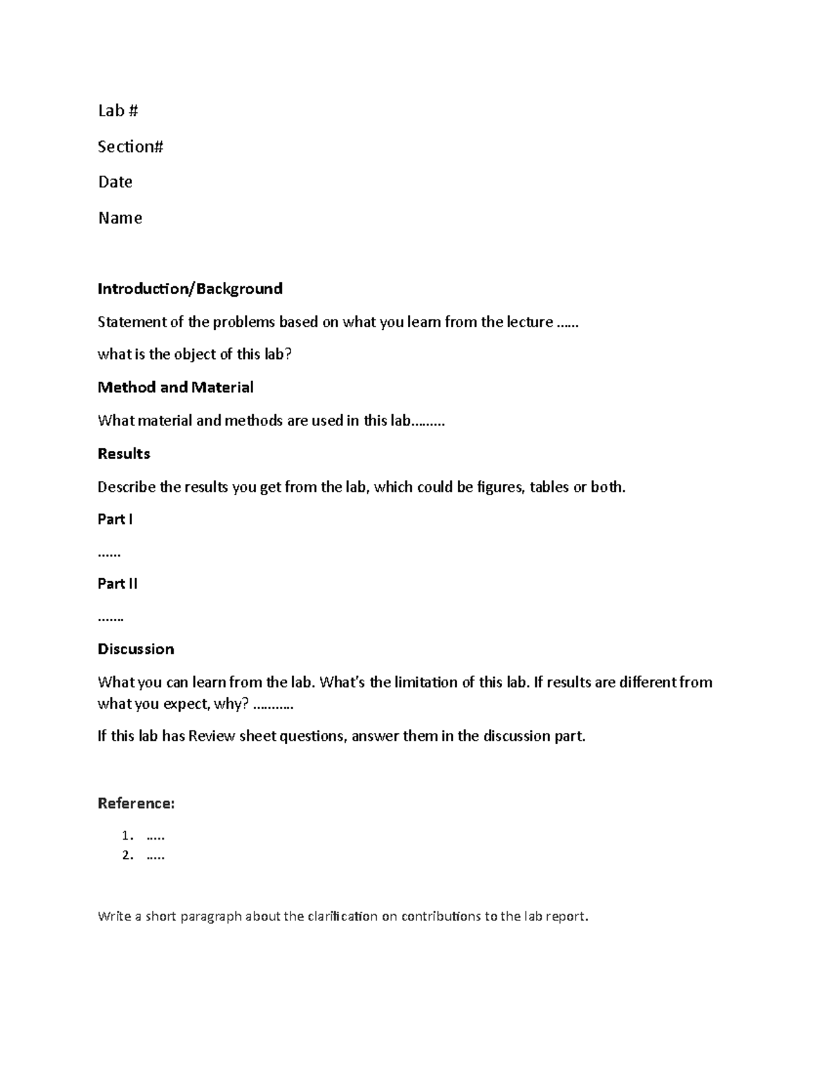 Lab report format - lab - Lab Section# Date Name Introduction ...