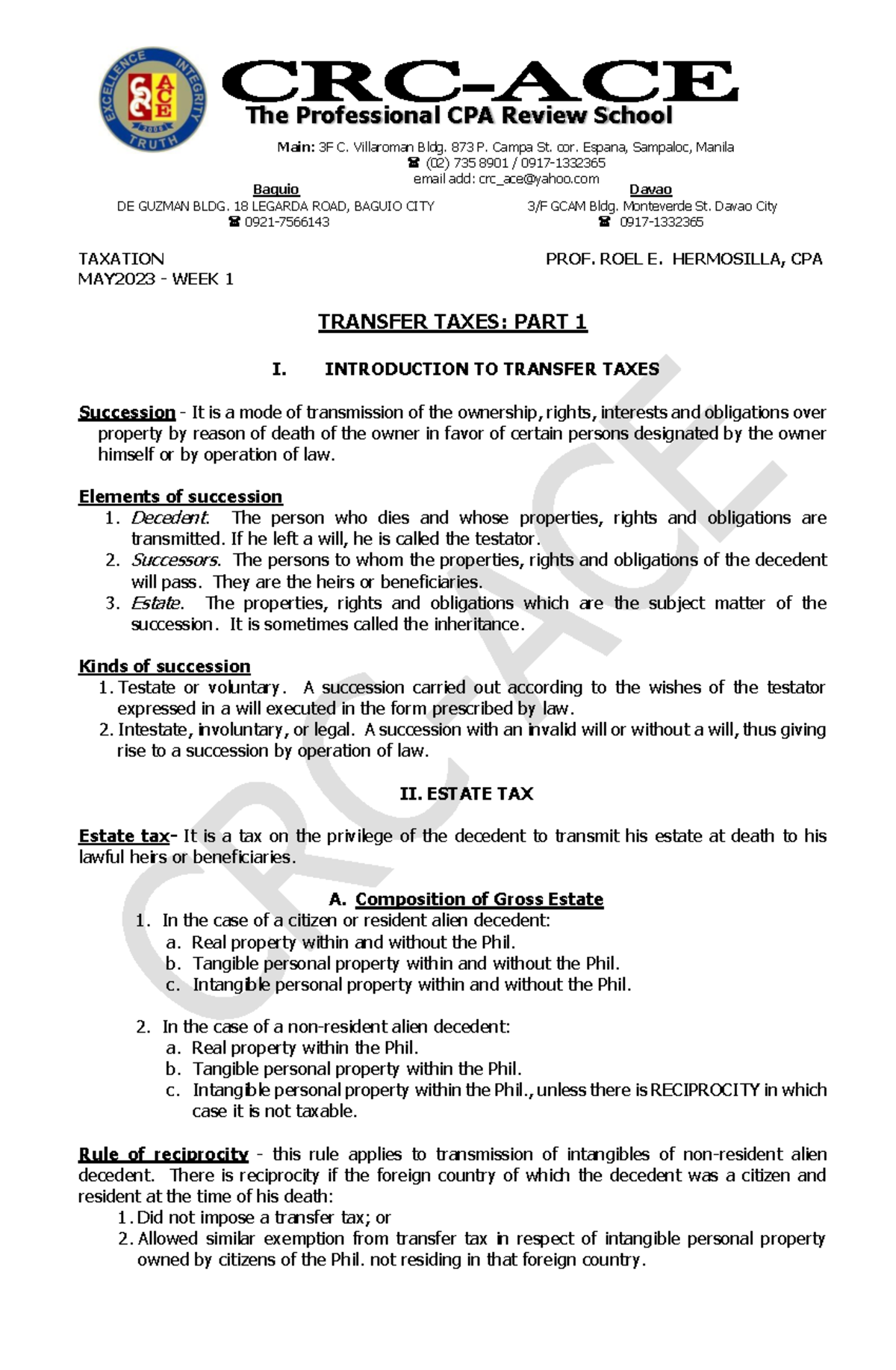 PDF Introduction to Transfer Tax Estate Tax TAXATION PROF. ROEL E