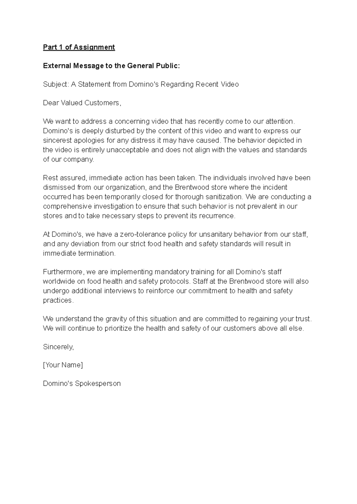 Class Assignment - Part 1 of Assignment External Message to the General ...