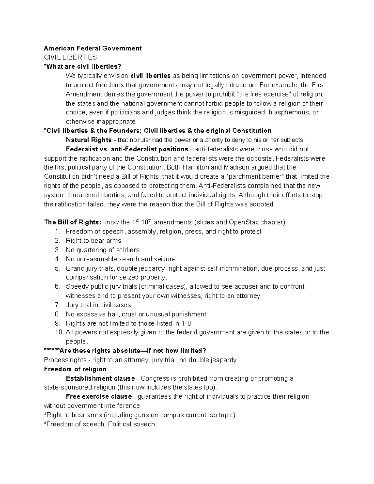 Gov Exam 2 Study Guide - American Federal Government CIVIL LIBERTIES ...