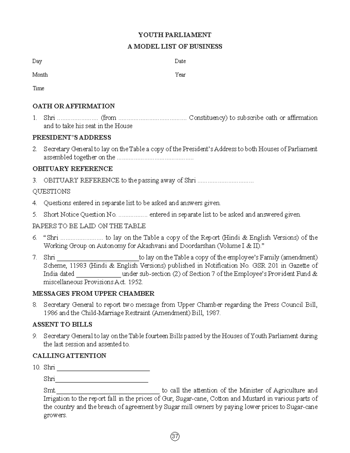 A Model List Of Business YOUTH PARLIAMENT A MODEL LIST OF BUSINESS