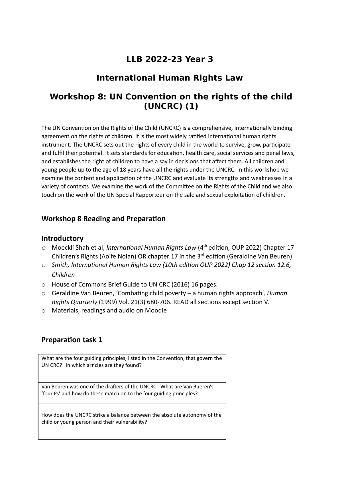 LLB 2223 Workshops 8 9 Uncrc - LLB 2022-23 Year 3 International Human ...