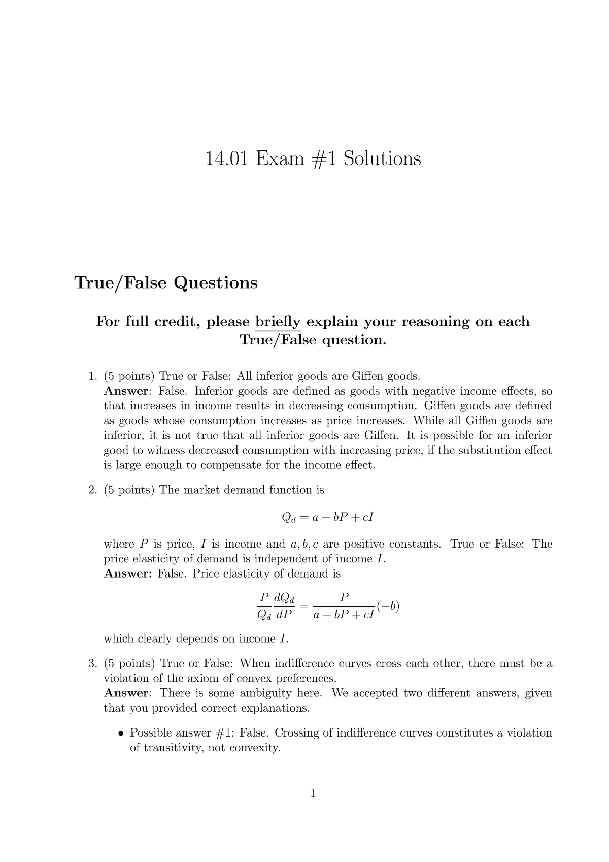 14.01 Principles Of Microeconomics Midterm Exam #1 With Solutions ...