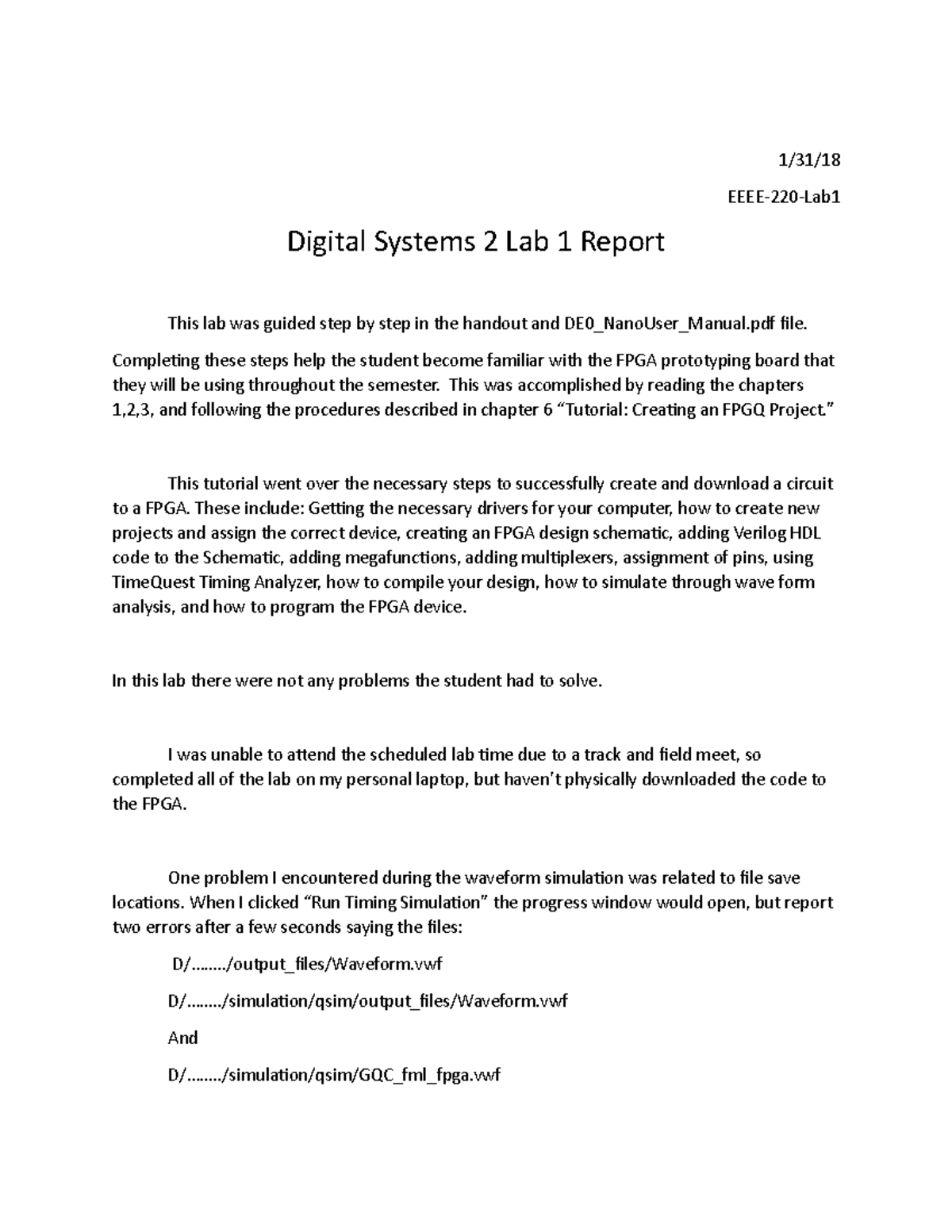 Digital Systems 2 Lab 1 Report - 1/31/18 EEEE-220-Lab1 Digital Systems ...