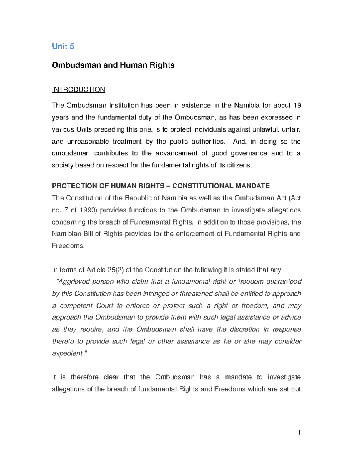 Ombuds law notes 5 - Unit 5 Ombudsman and Human Rights INTRODUCTION The ...