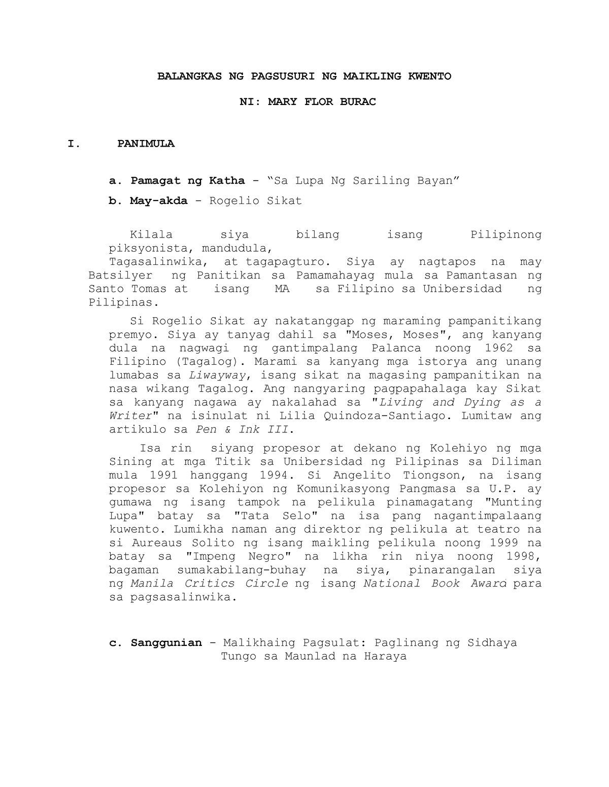 Balangkas Ng Pagsusuri Ng Maikling Kwent Balangkas Ng 1994