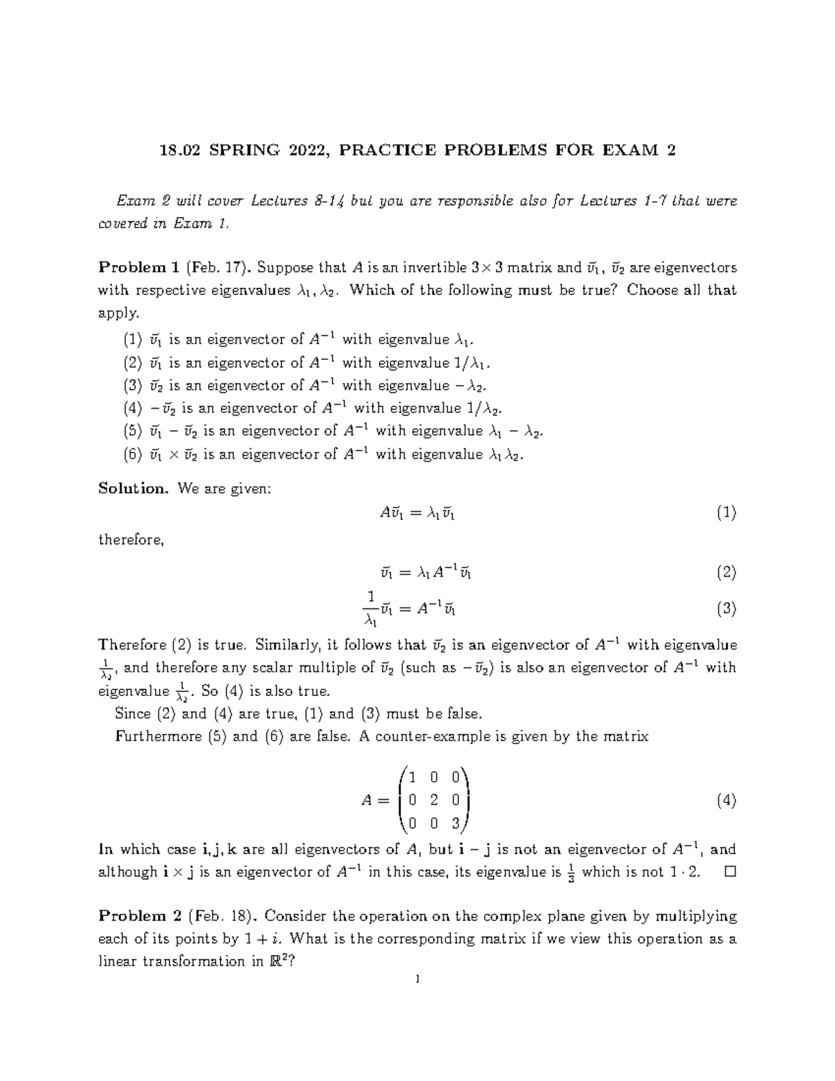 Practice Exam 2 Solutions - 18 SPRING 2022, PRACTICE PROBLEMS FOR EXAM ...