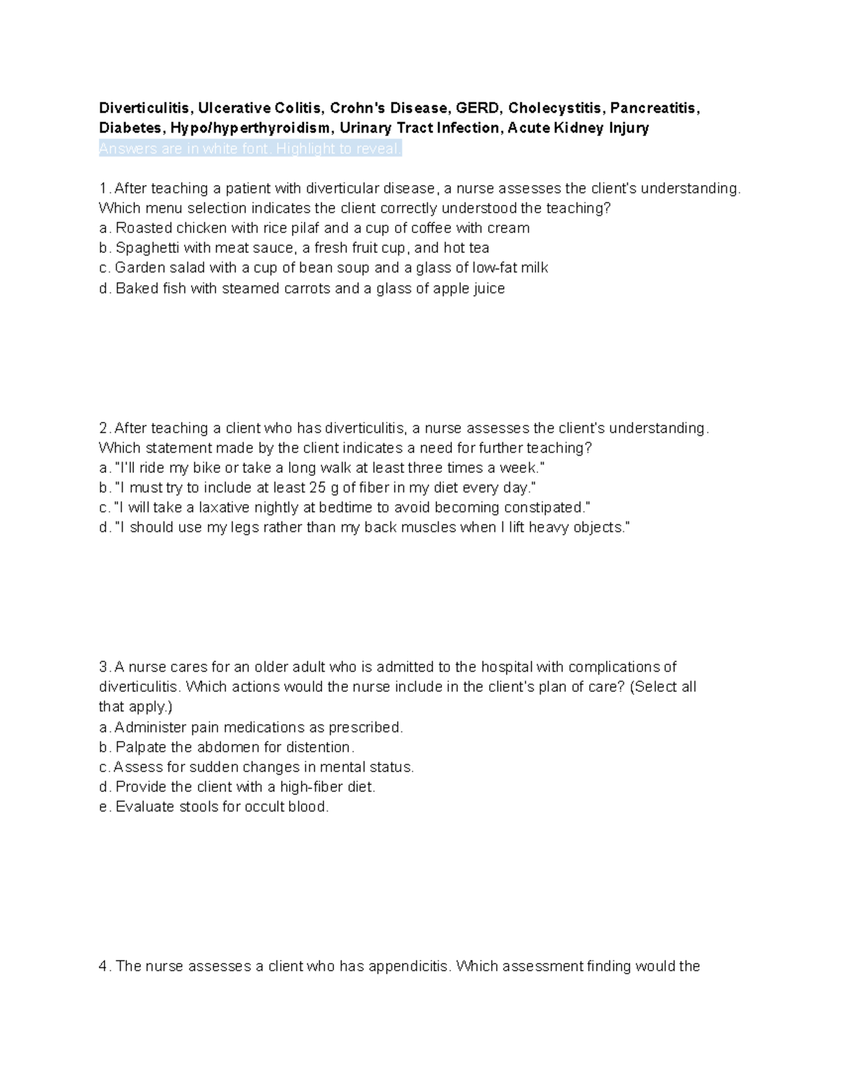 Unit 3 Test Questions Diverticulitis, Ulcerative Colitis, Crohn's