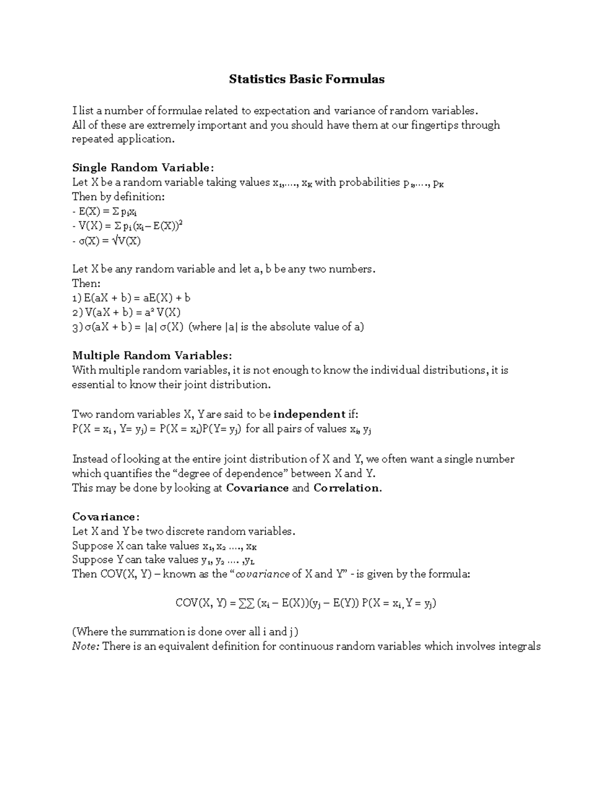 Finc2 Statistics Formula Sheet Investment Analysis And Portfolio Studocu