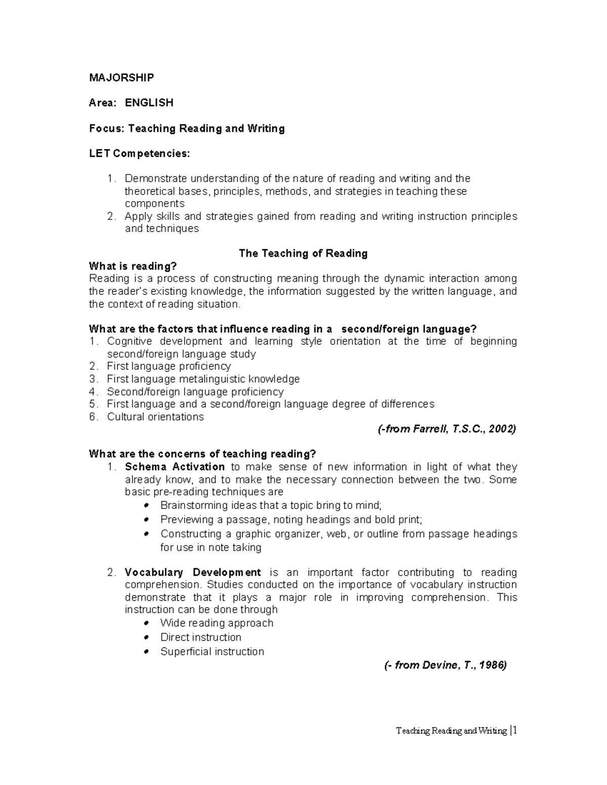 Teaching Of Reading And Writing MAJORSHIP Area ENGLISH Focus