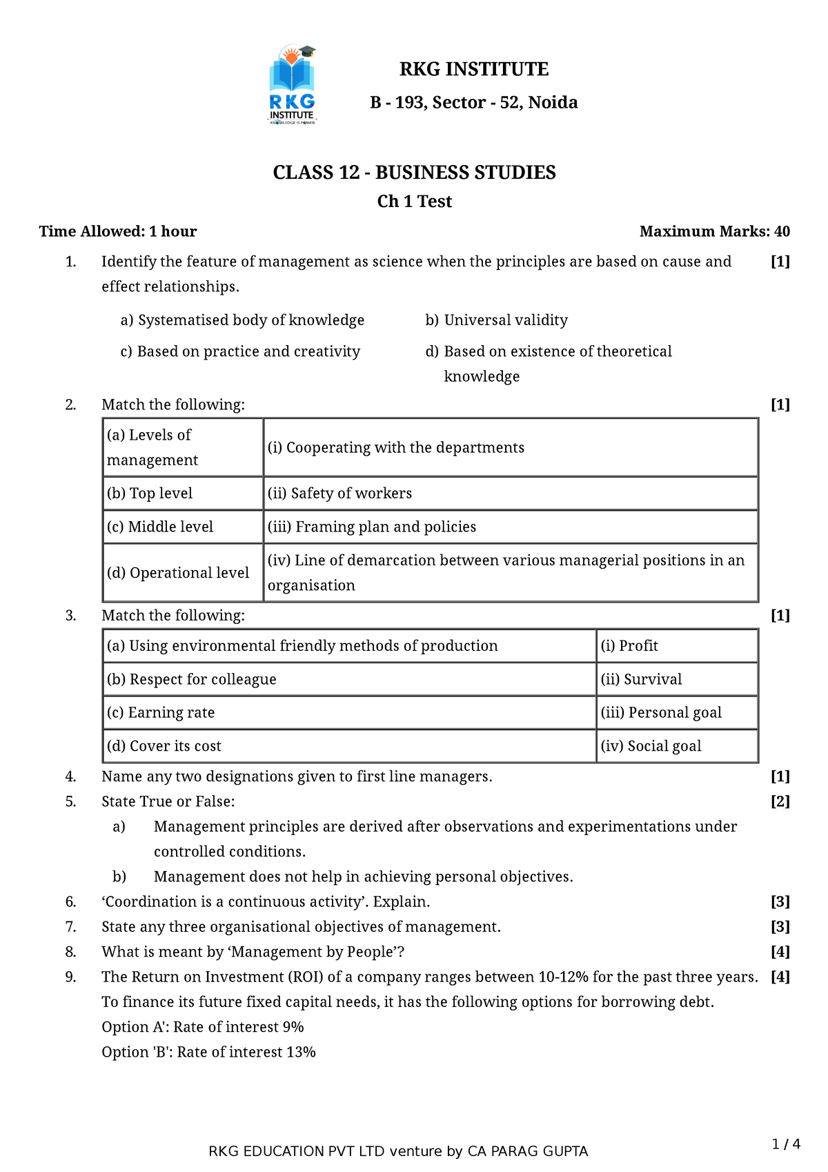 B - Notes - Time Allowed: 1 hour Maximum Marks: 40 RKG INSTITUTE B