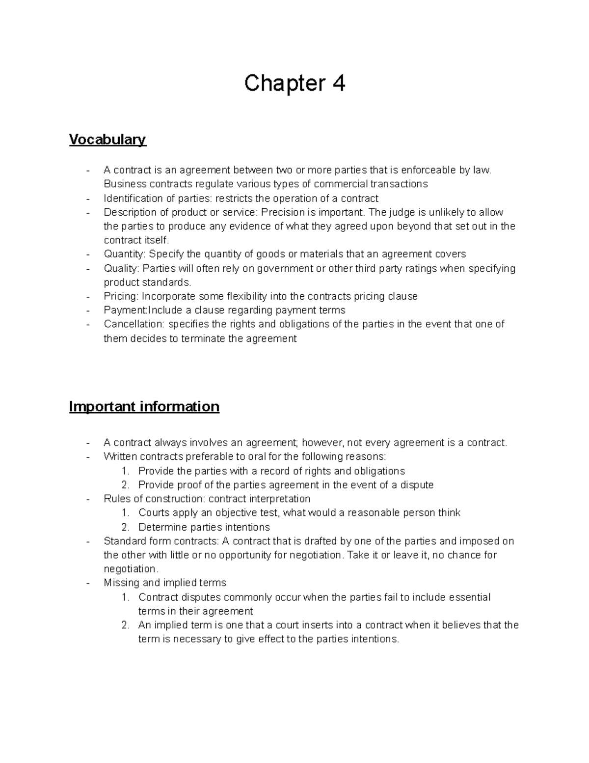 BLAW Chapter 4 - Chapter 4 Vocabulary - A contract is an agreement ...