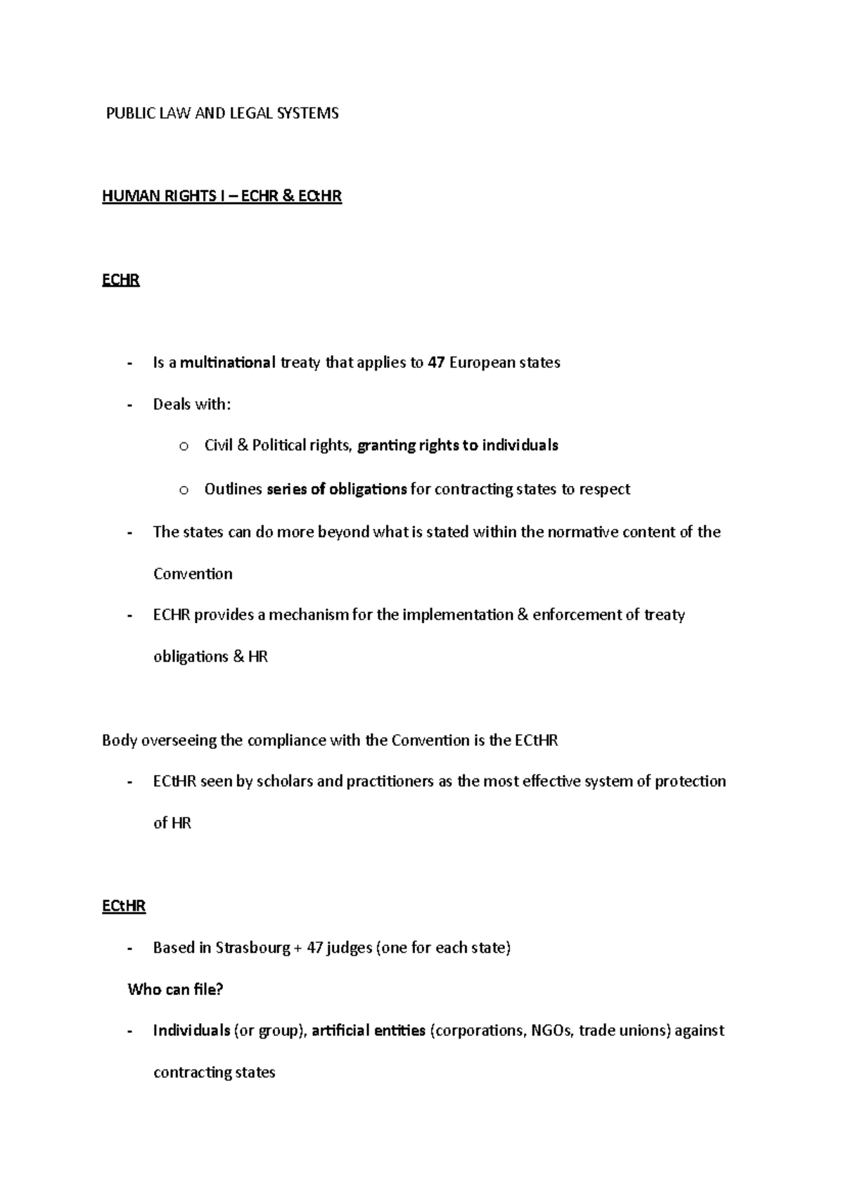 Human Rights I - ECHR - PUBLIC LAW AND LEGAL SYSTEMS HUMAN RIGHTS I ...