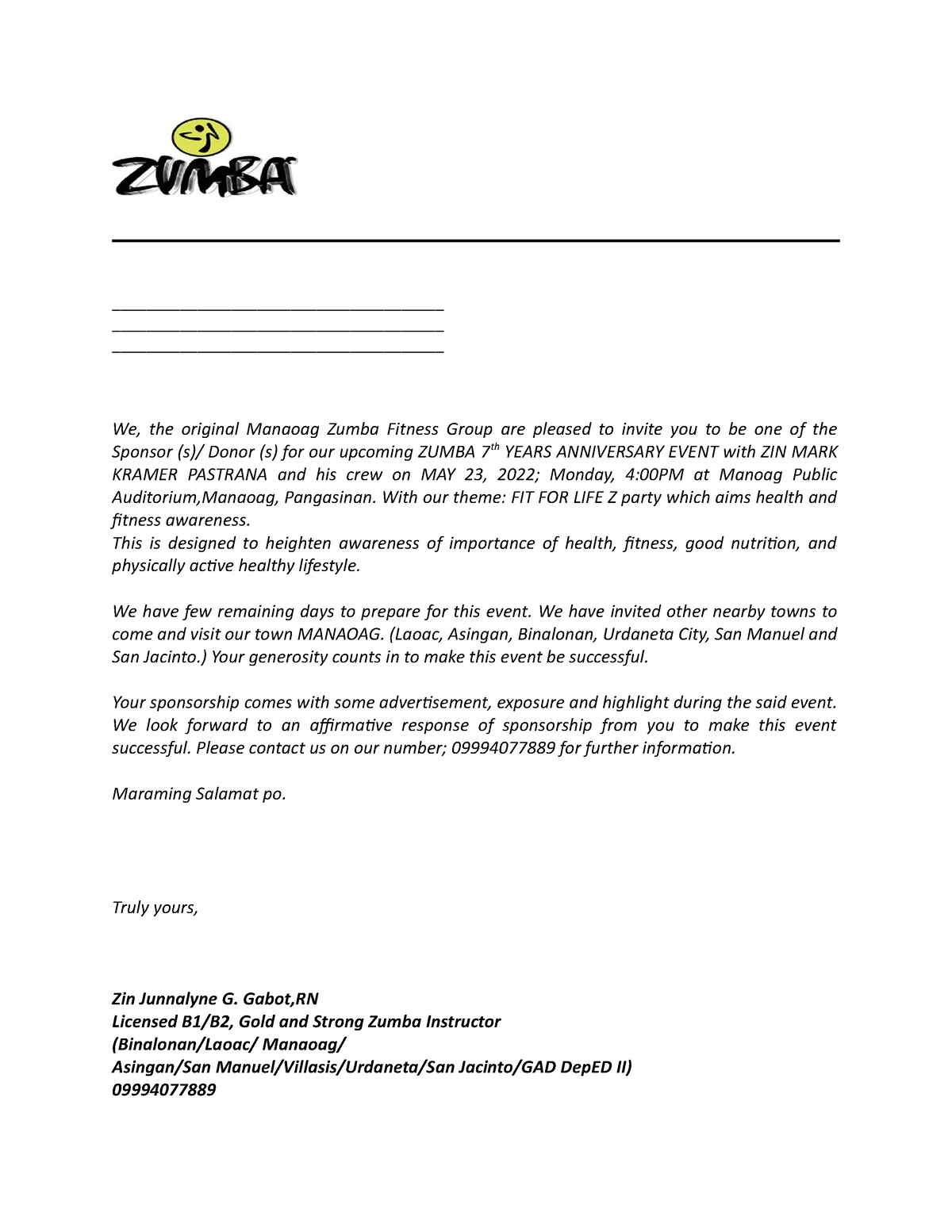 Manaoag sponsorship letter - We, the original Manaoag Zumba Fitness