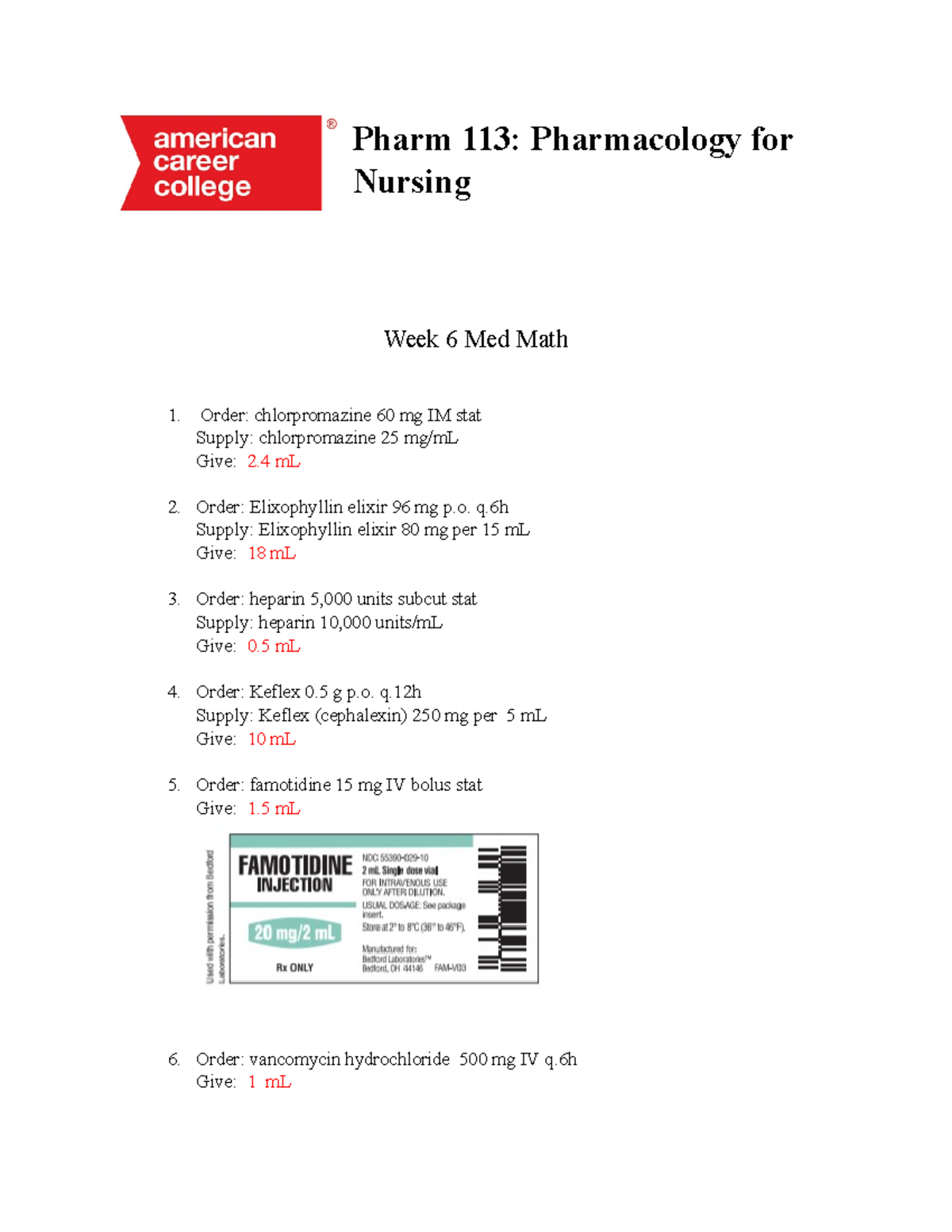 Week 6 Med Math Medication math for a test. PHARM 1 ACC Studocu
