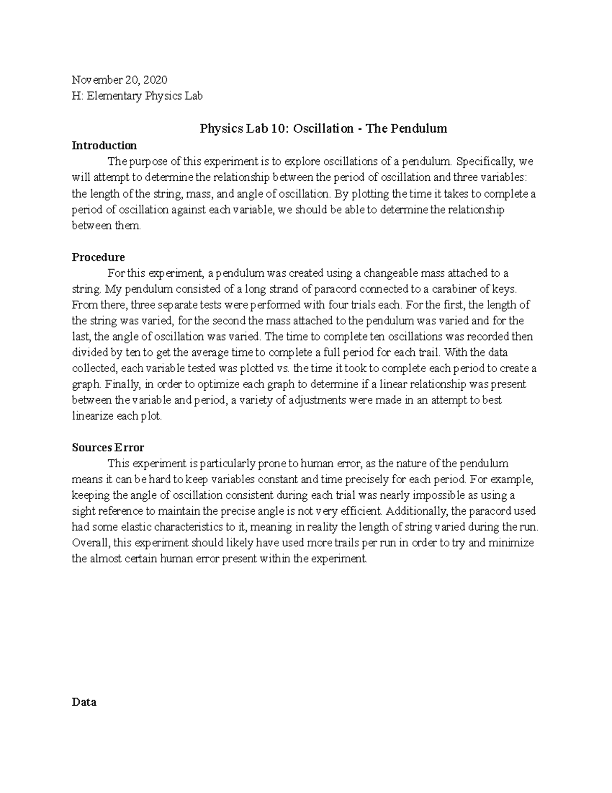 Physics Lab 10 November 20, 2020 H Elementary Physics Lab Physics