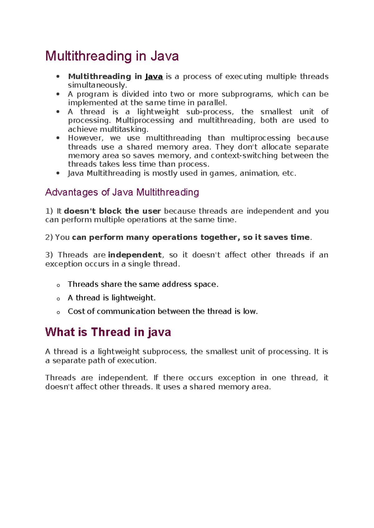 Multithreading in Java - A program is divided into two or more ...