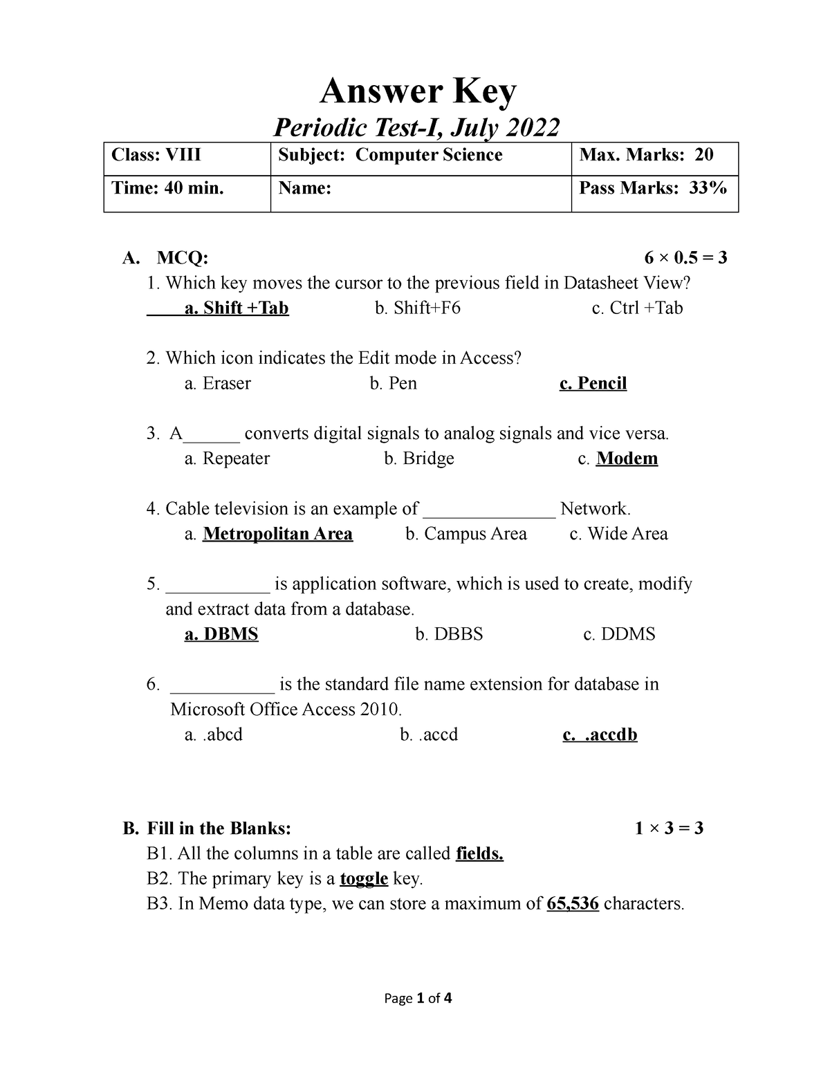 Pt 1 Class 8 202223 cbse computer Answer Key Periodic TestI, July 2022 Class VIII