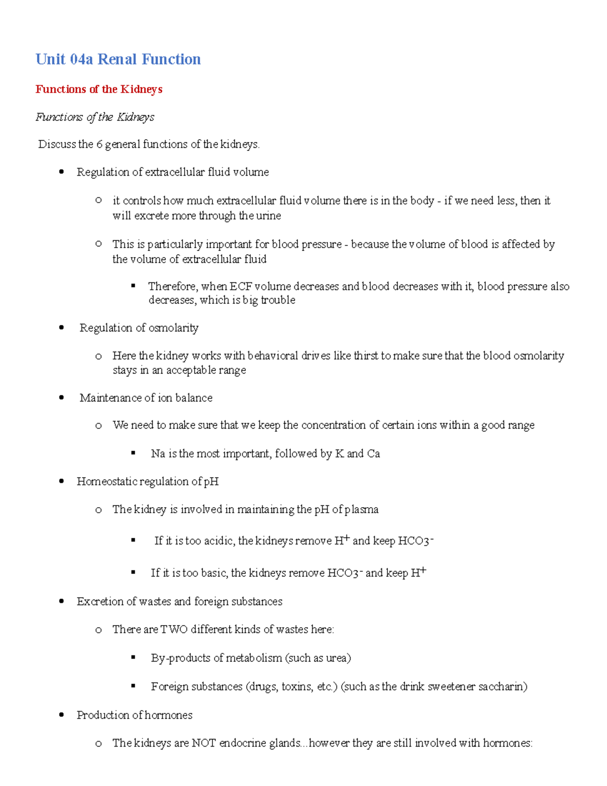 Unit 4 renal function - Unit 04a Renal Function Functions of the ...