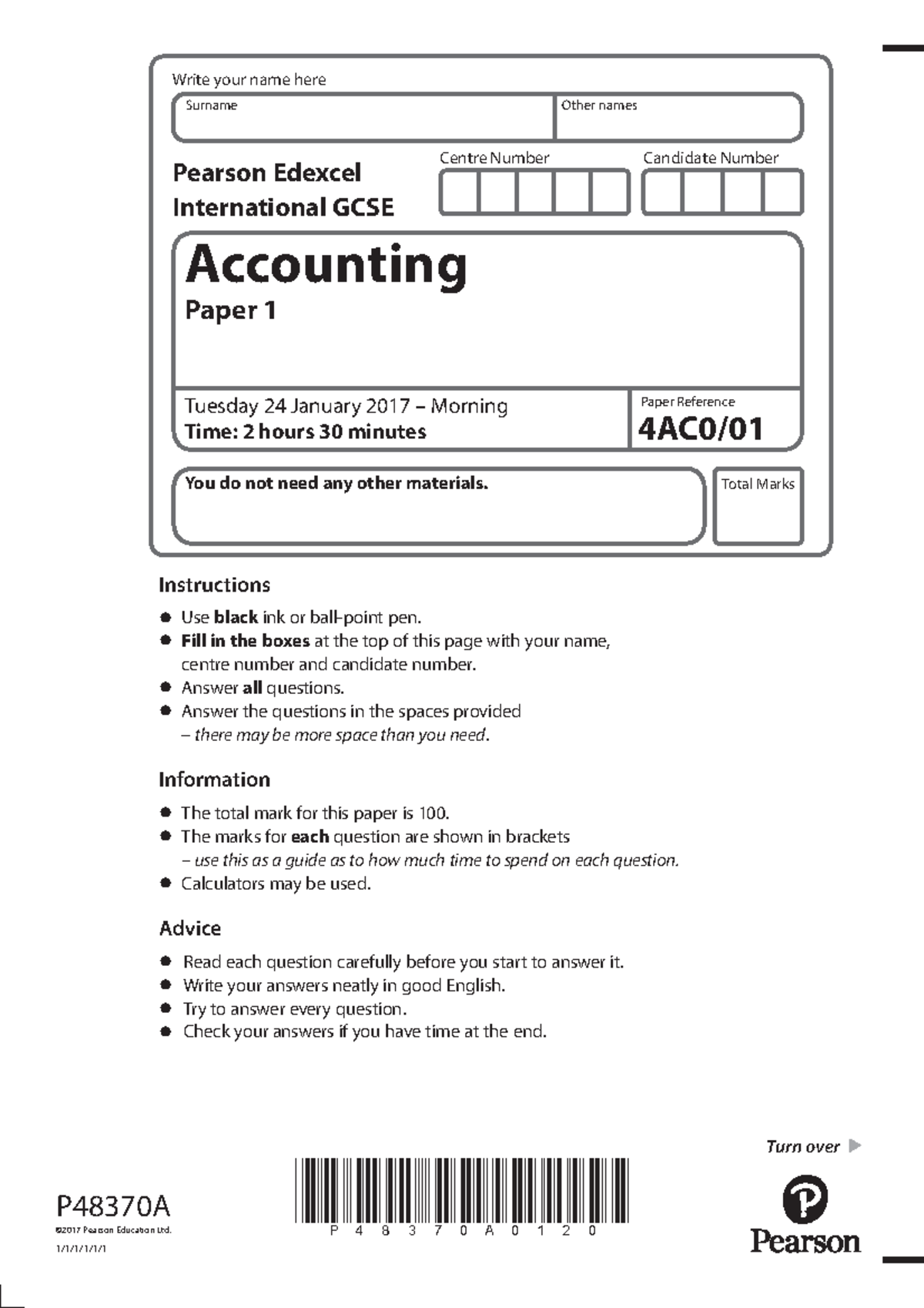 Accounts -2 - Accounting exam paper - Centre Number Candidate Number ...