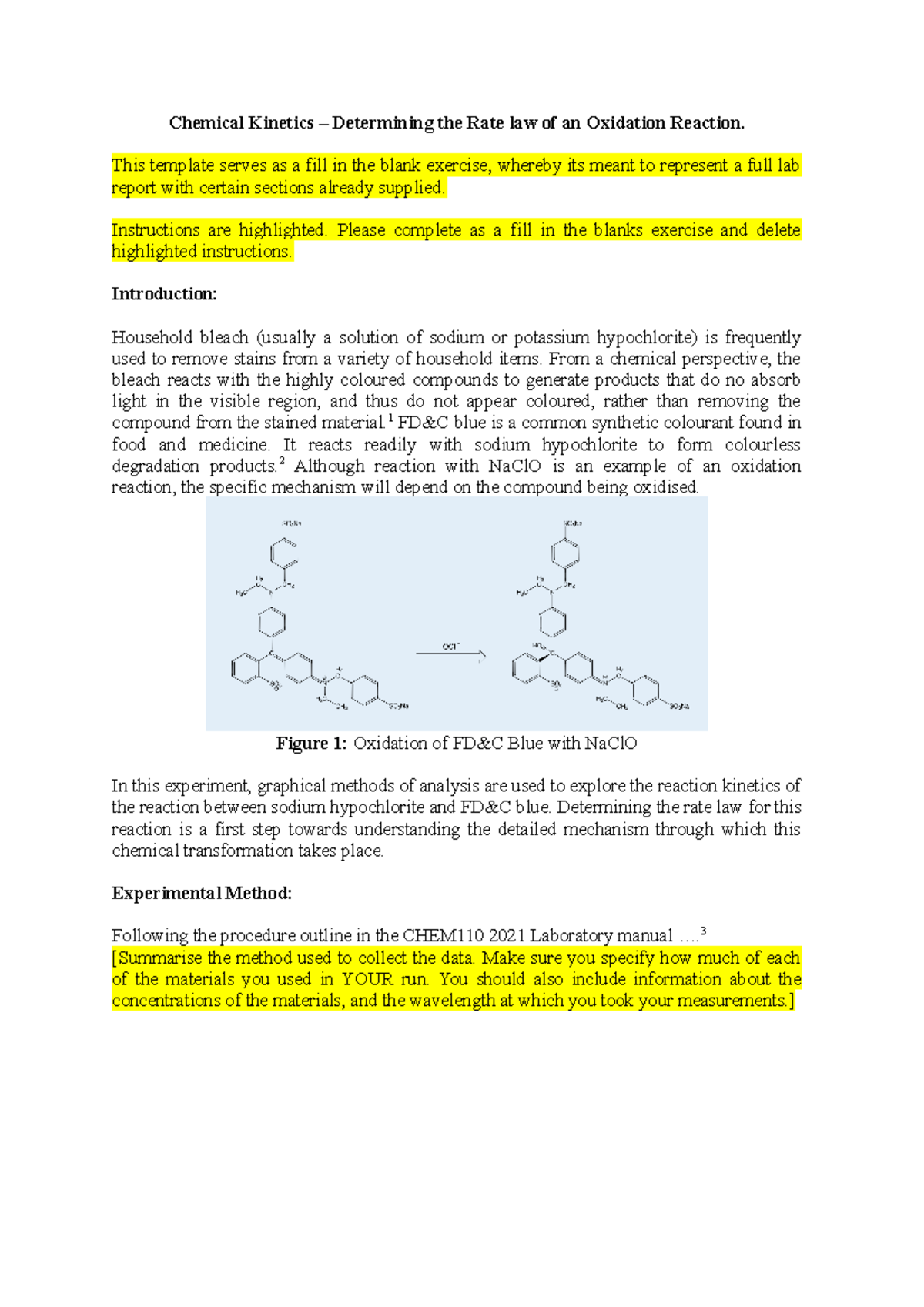 CHEM110 Lab 4 2021 Report Template-1 - Chemical Kinetics – Determining ...