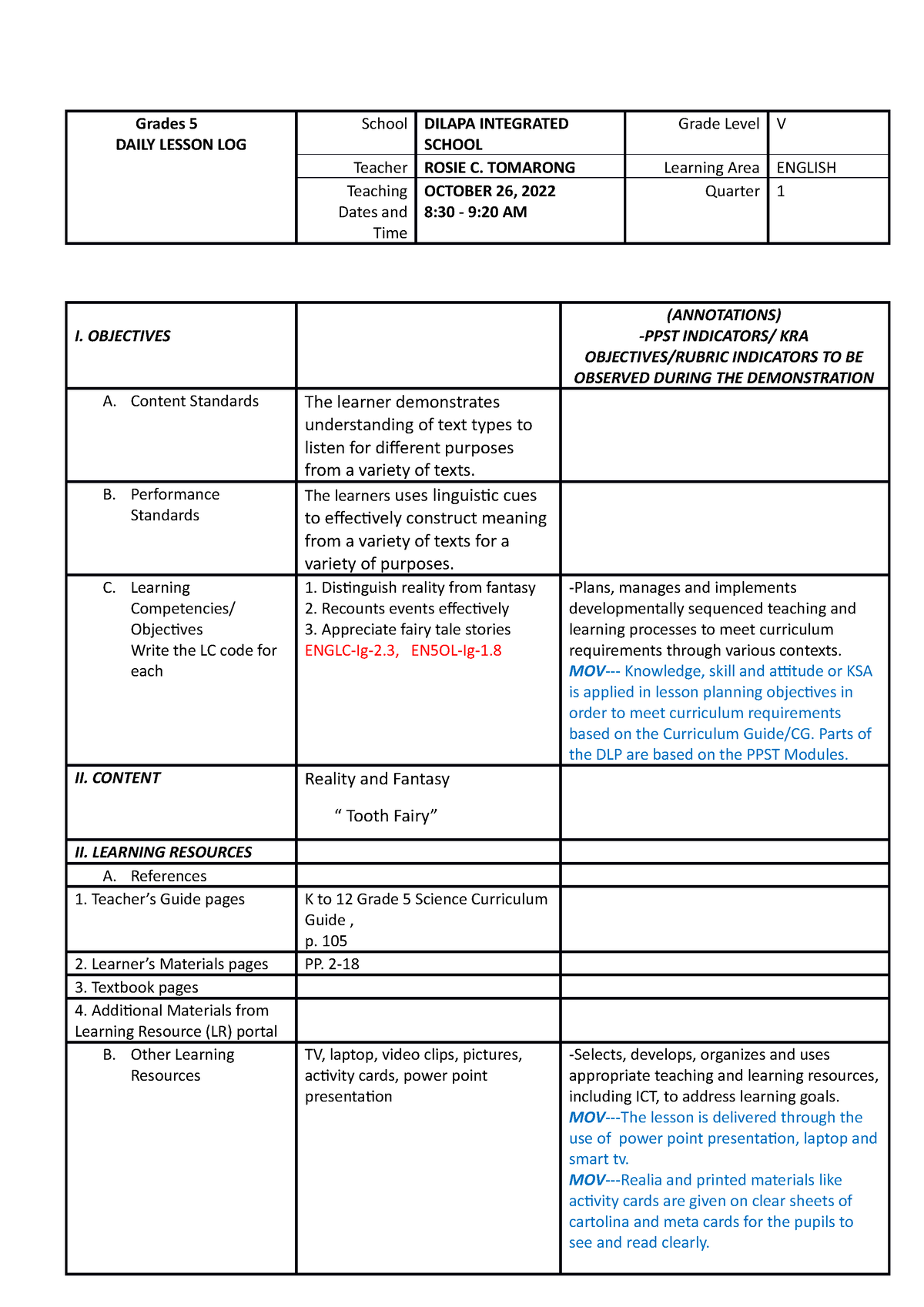 COT DLP English WITH Annotations - Grades 5 DAILY LESSON LOG School ...