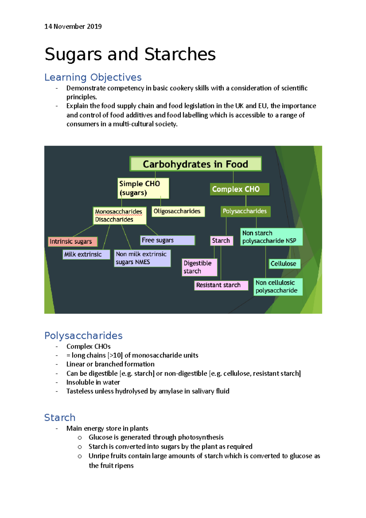 Sugars and starches Sugars and Starches Learning Objectives
