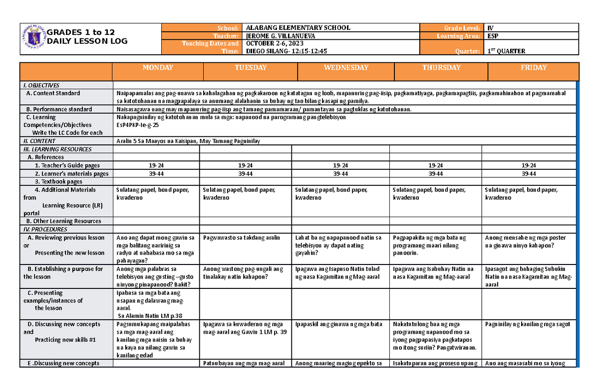 DLL ESP 4 Q1 W5 - daily lesson log for teachers - GRADES 1 to 12 DAILY ...