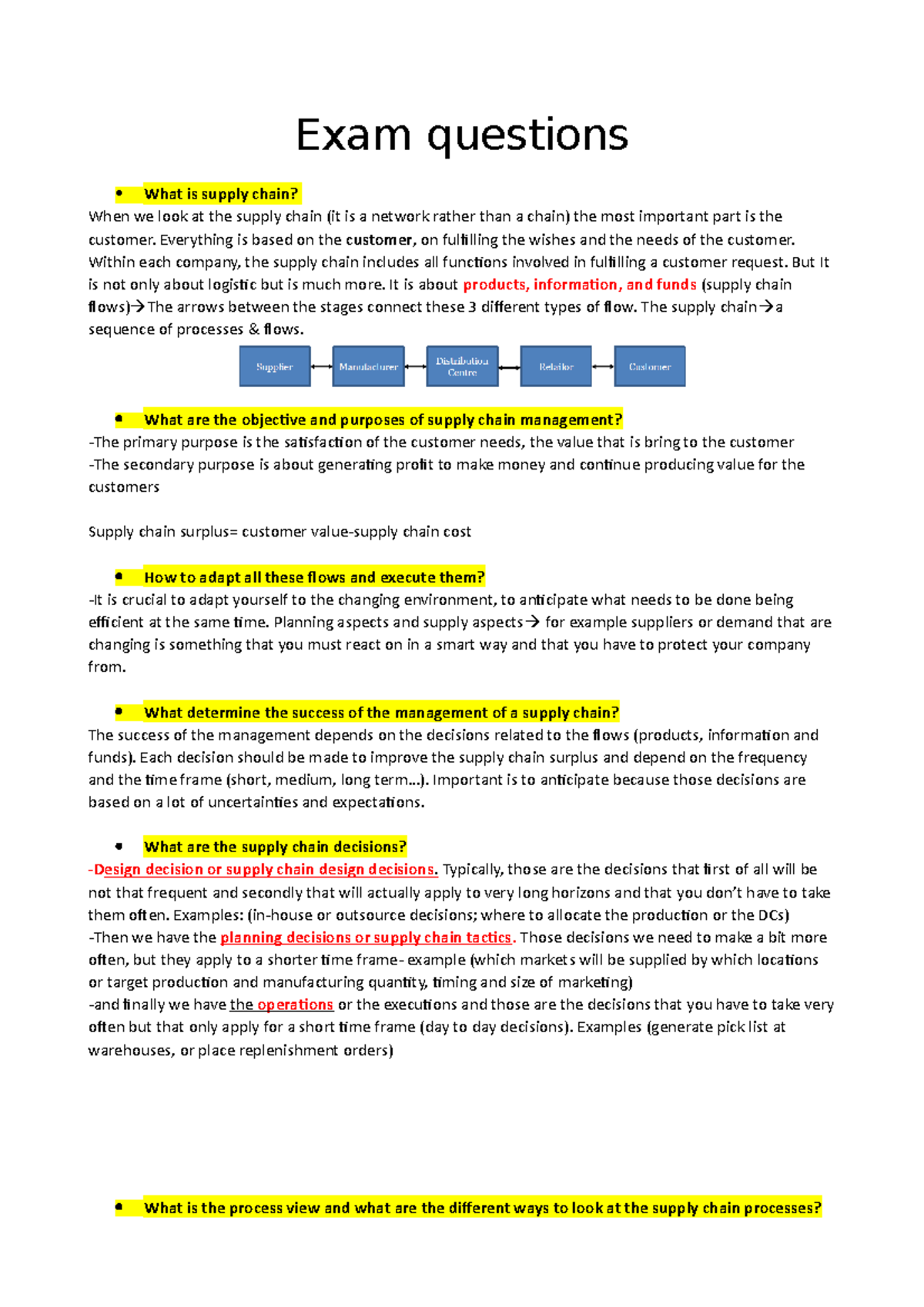 Exam questions - Supply Chain Notes - Exam questions What is supply ...