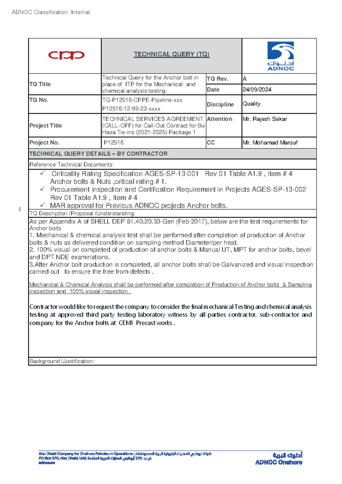 TQ-For Anchor bolts CEMI Precast works - ADNOC Classification: Internal ...